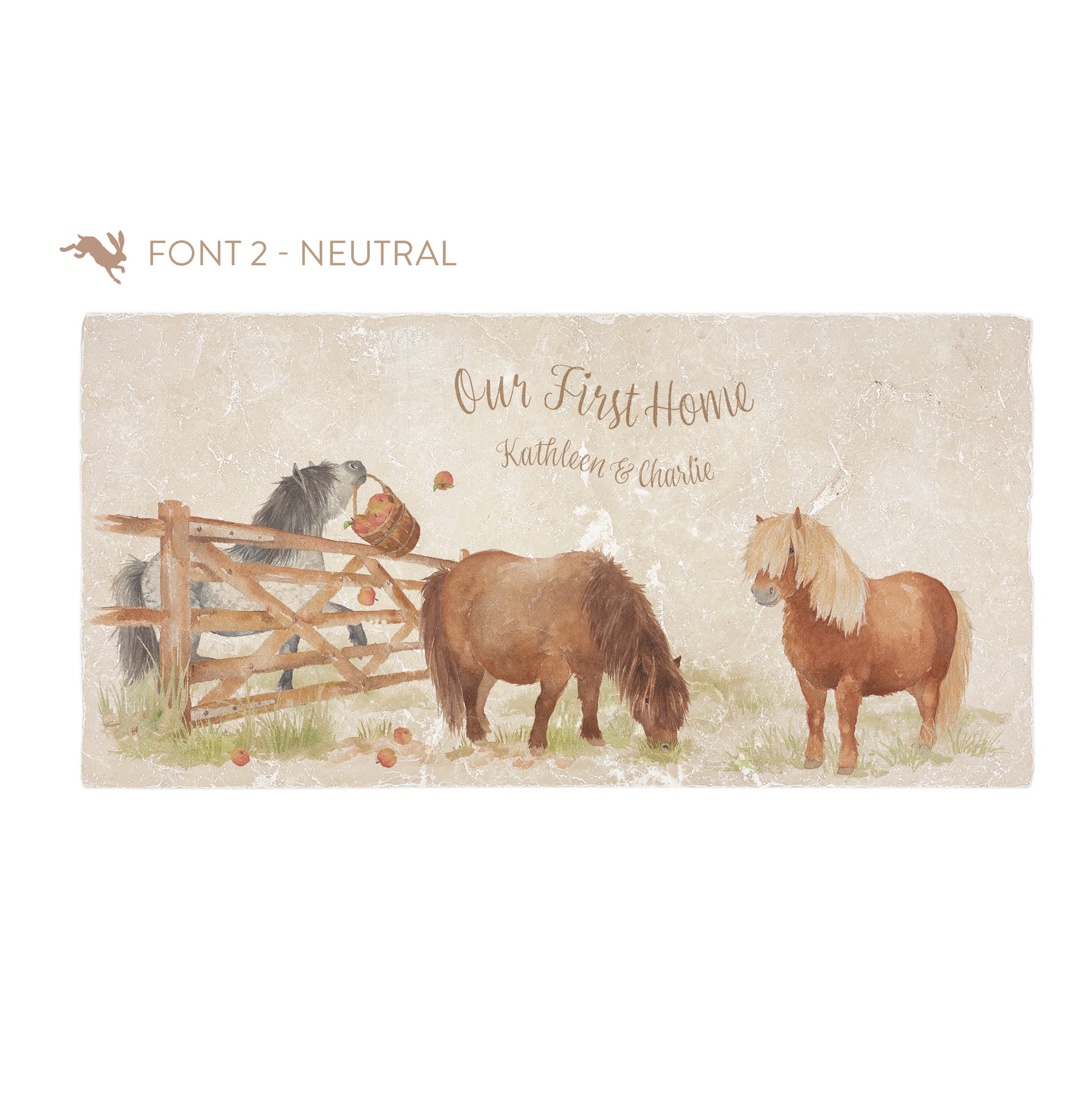 A personalised rectangular marble sharing platter featuring cheeky Shetland ponies in a watercolour style. The example personalised neutral colour text reads ‘Our First Home, Kathleen & Charlie’ in a brush script font.