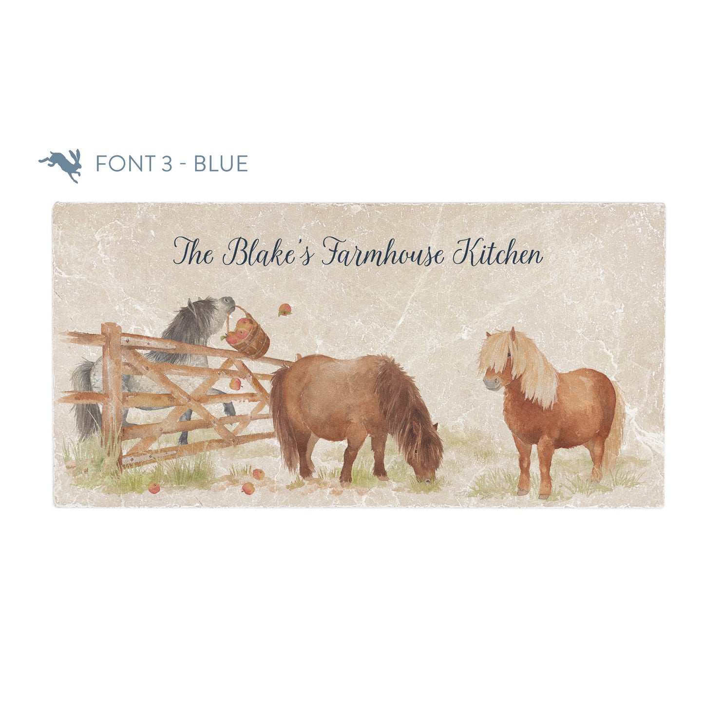 A personalised rectangular marble sharing platter featuring cheeky Shetland ponies in a watercolour style. The example personalised dark blue text reads ‘The Blake's Farmhouse Kitchen’ in a brush script font.