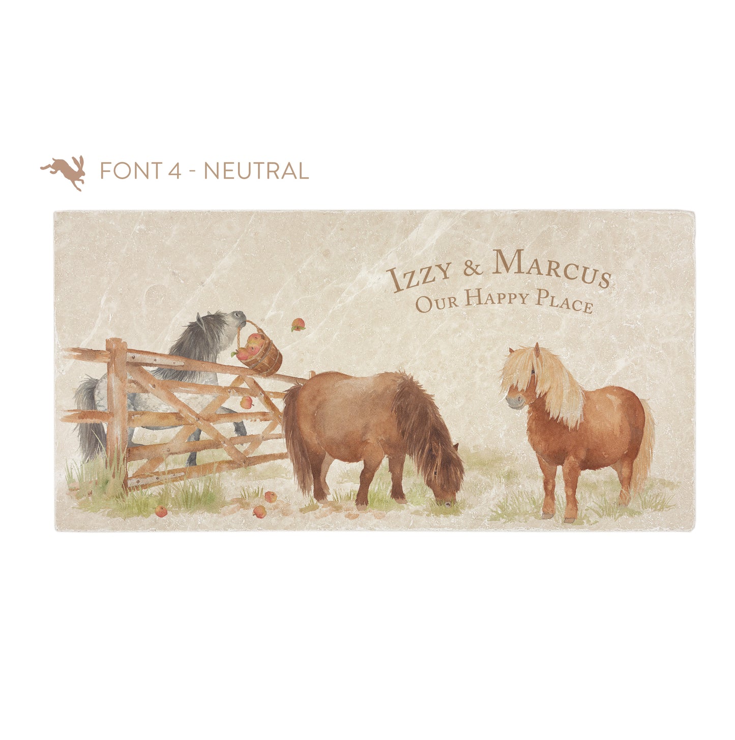 A personalised rectangular marble sharing platter featuring cheeky Shetland ponies in a watercolour style. The example personalised neutral colour text reads ‘Izzy & Marcus, Our Happy Place’ in a classic serif font.