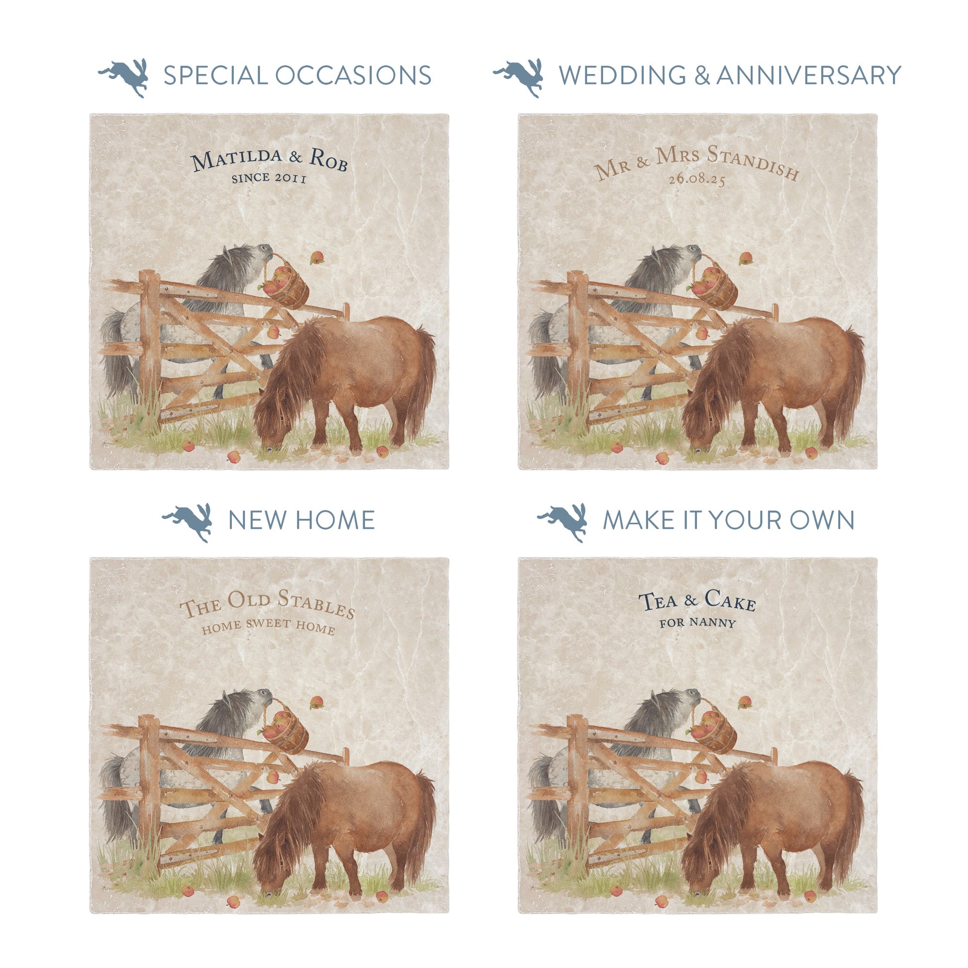 Collection of large marble platters showing the personalisation options available for all occasions including birthdays, weddings, anniversaries and new home gifts.