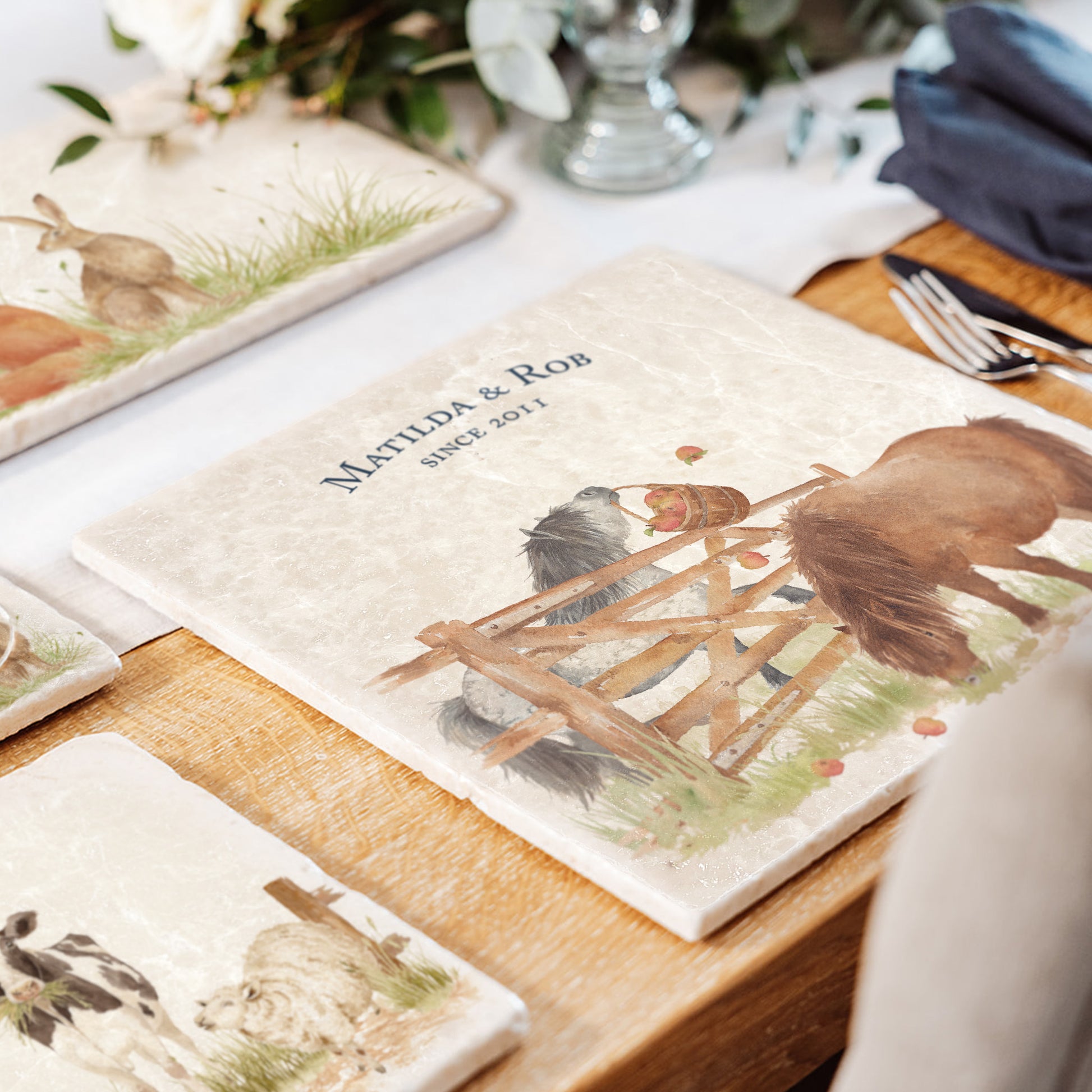 A personalised marble large platter with a Shetland pony watercolour design. Create a personalised placemat, serving platter, trivet or cheeseboard as a luxury gift.