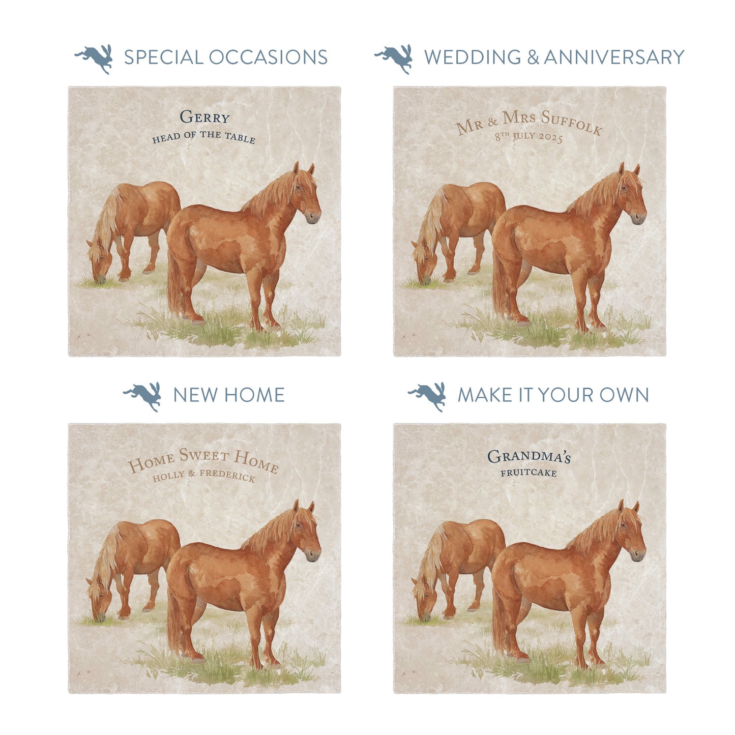 Collection of large marble platters showing the personalisation options available for all occasions including birthdays, weddings, anniversaries and new home gifts.