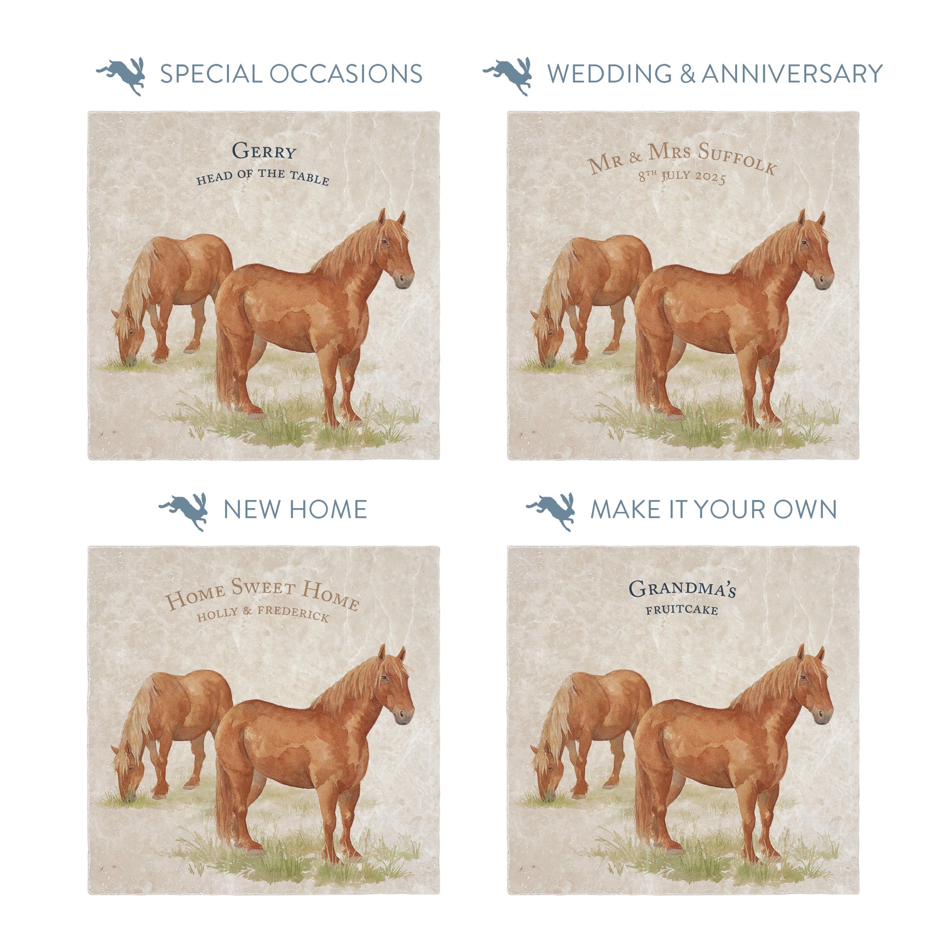 Collection of large marble platters showing the personalisation options available for all occasions including birthdays, weddings, anniversaries and new home gifts.
