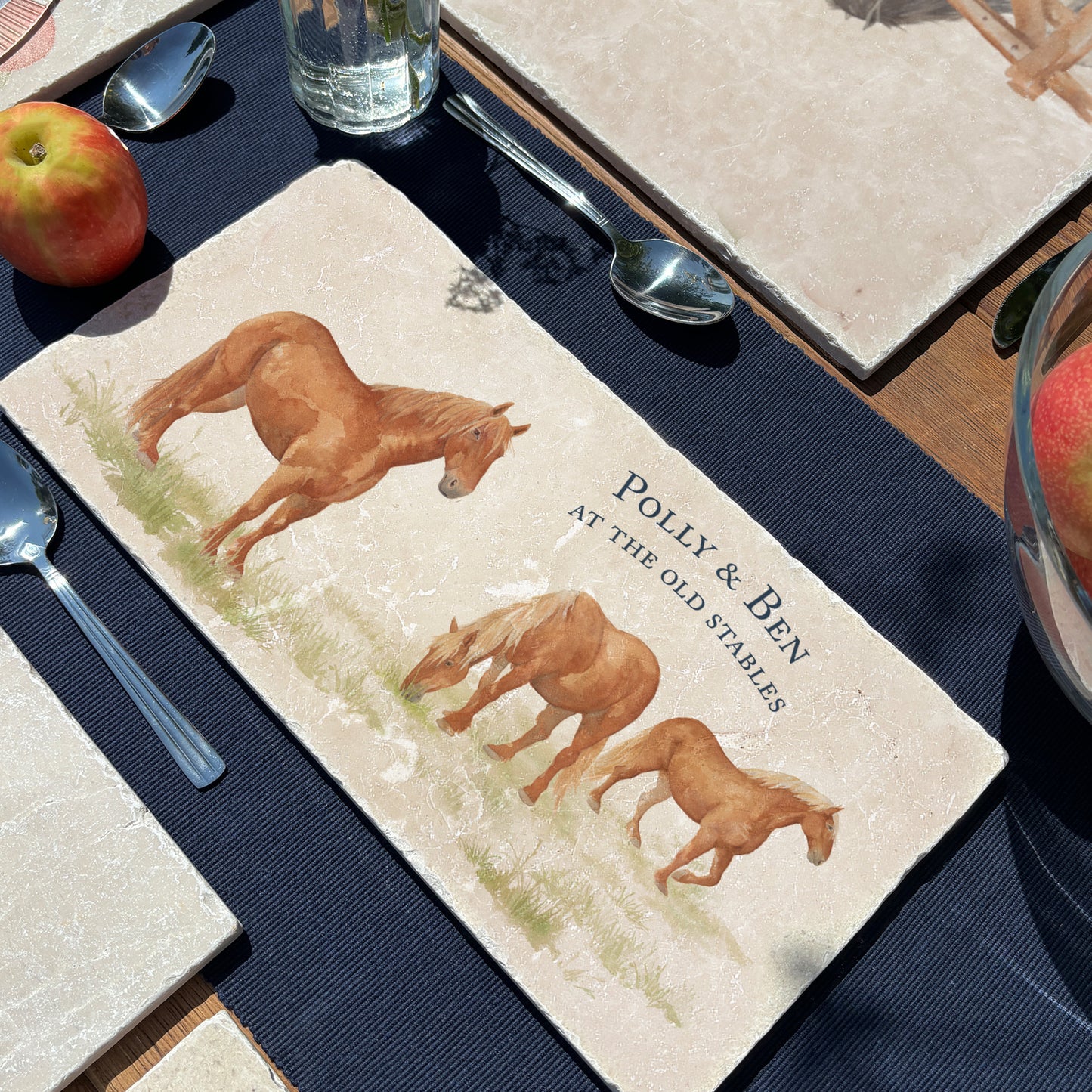 A personalised marble sharing platter with a Suffolk Punch horse watercolour design. Create a personalised serving platter, trivet or cheeseboard as a luxury gift.
