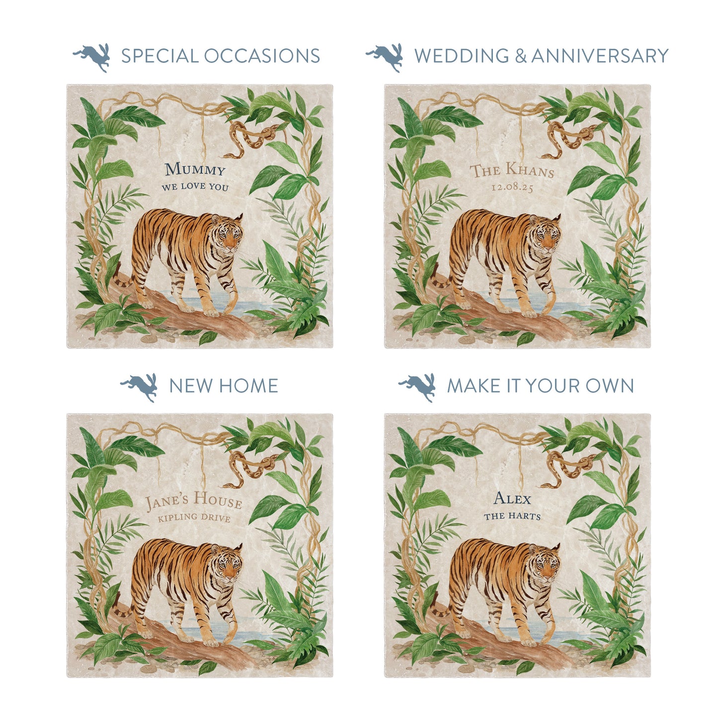 Collection of large marble platters showing the personalisation options available for all occasions including birthdays, weddings, anniversaries and new home gifts.