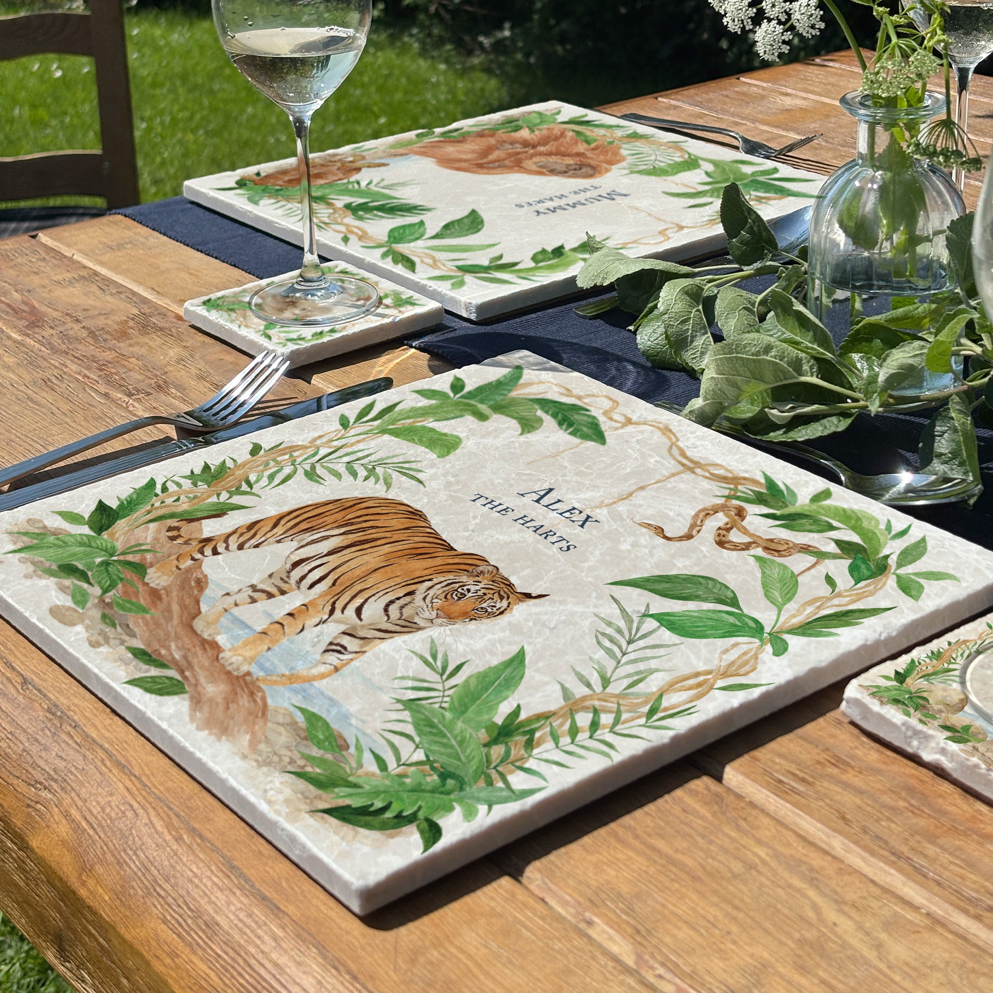 A personalised marble large platter with a rainforest tiger and python watercolour design. Create a personalised placemat, serving platter, trivet or cheeseboard as a luxury gift.