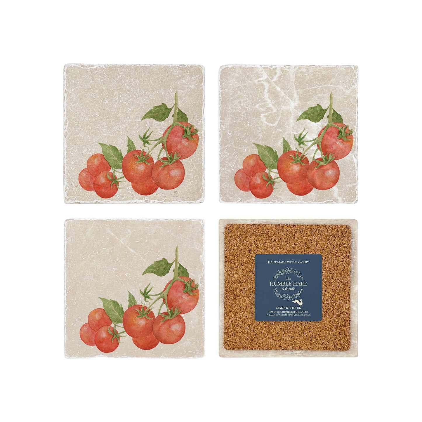 Marble coasters set of 4, featuring The Humble Hares Watercolour designs. This design shows a watercolour Tomatoes on a vine. Perfect for the vegetable Garden Lover 