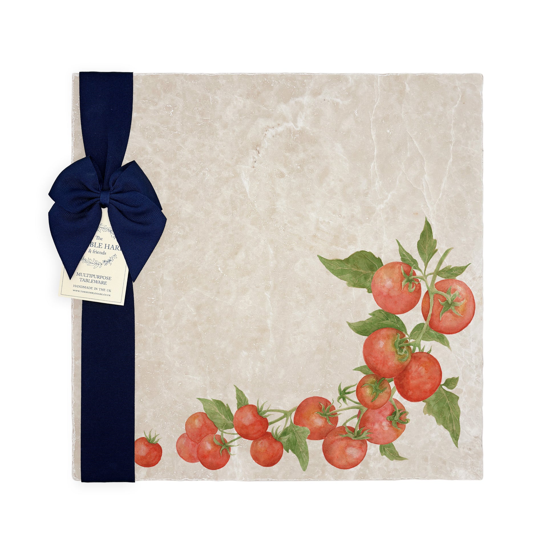 A large marble platter with a tomato vine watercolour design. The platter is shown with a luxurious blue gift ribbon and tag.