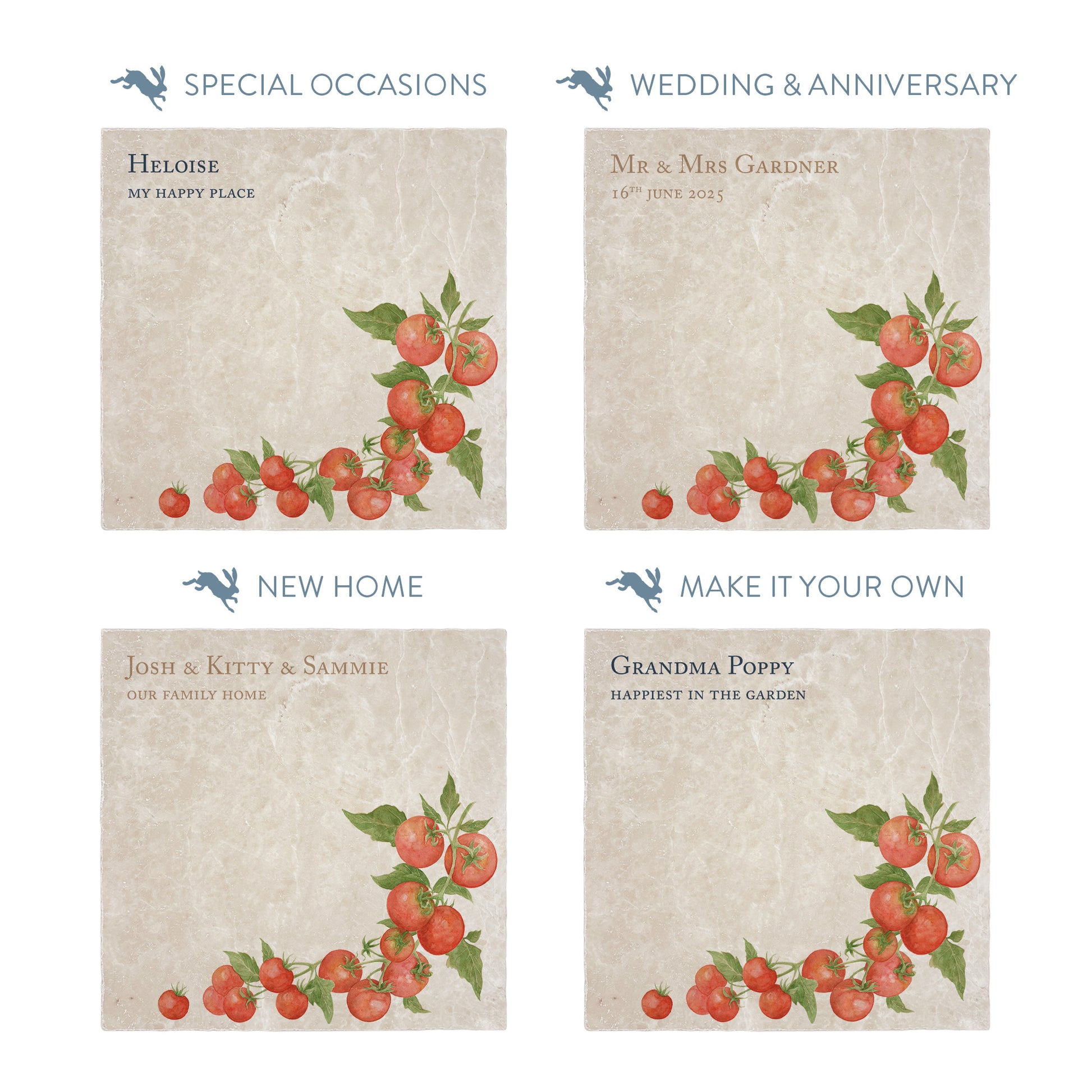 Collection of large marble platters showing the personalisation options available for all occasions including birthdays, weddings, anniversaries and new home gifts.