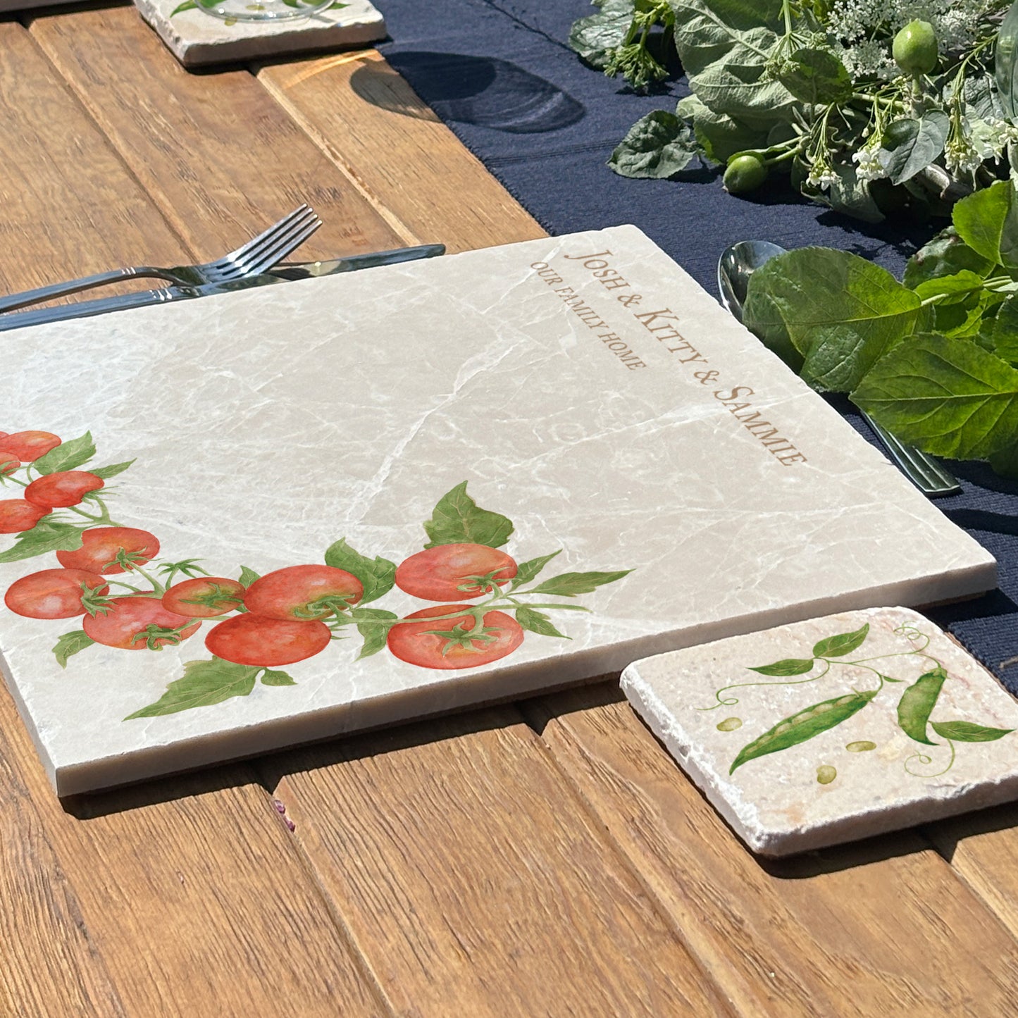 A personalised marble large platter with a tomato vine watercolour design. Create a personalised placemat, serving platter, trivet or cheeseboard as a luxury gift.