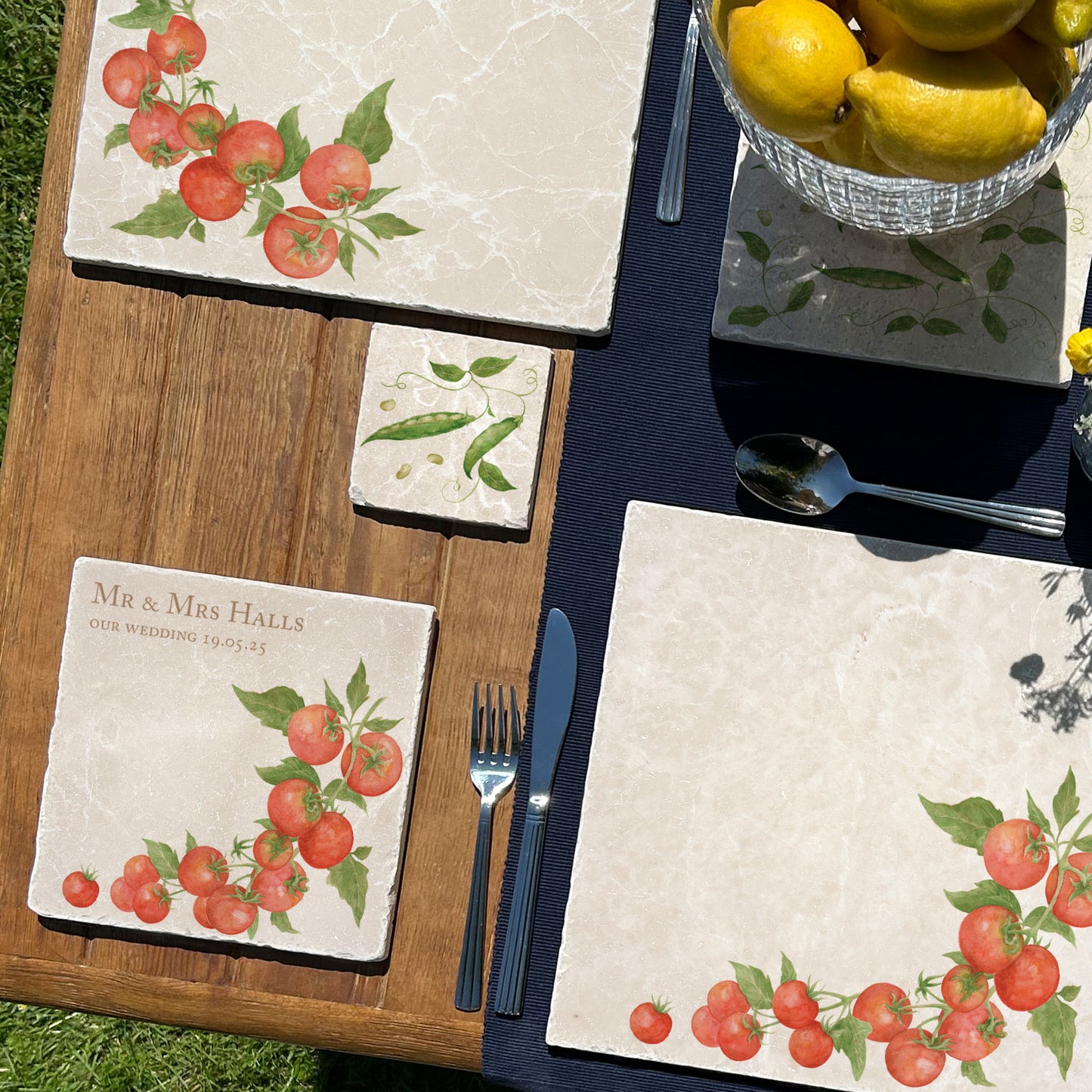 Marble medium platter with The Humble Hares Watercolour designs. This design shows a watercolour Tomatoes on a vine. Perfect for the vegetable Garden Lover- Making it extra special by having a personalise me option. 