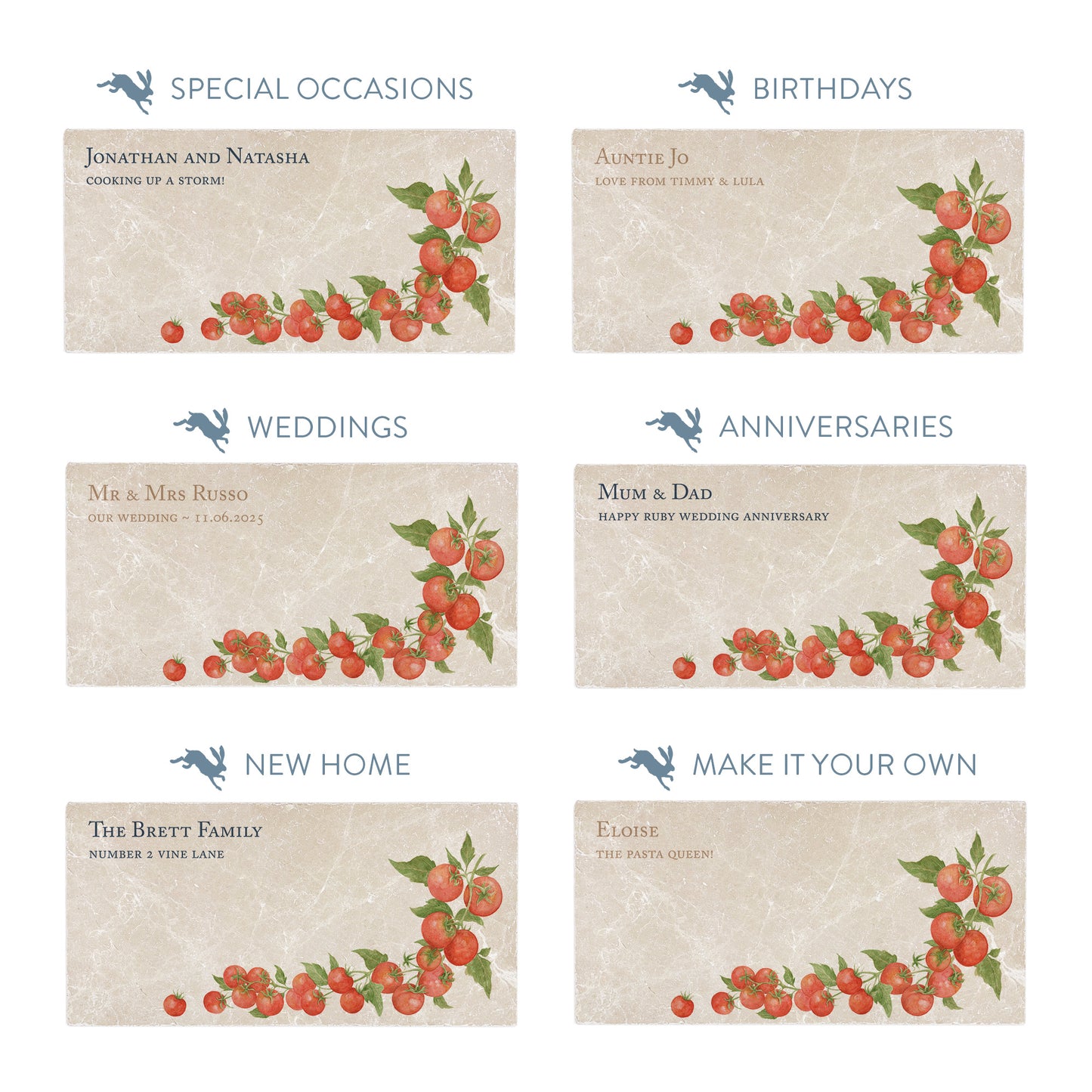 Collection of marble sharing platters showing the personalisation options available for all occasions including birthdays, weddings, anniversaries and new home gifts.