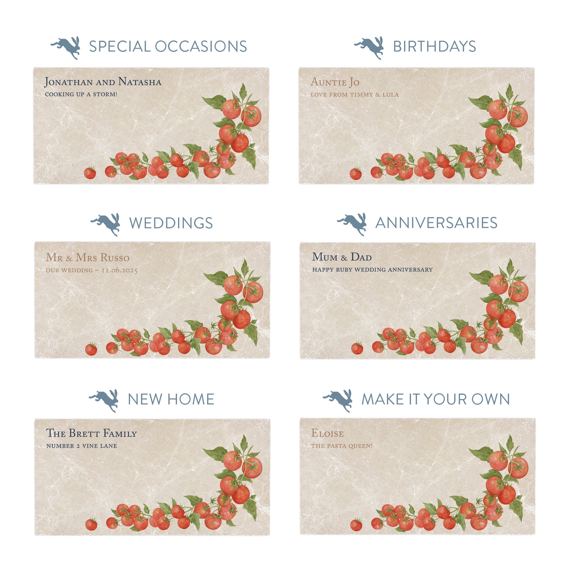 Collection of marble sharing platters showing the personalisation options available for all occasions including birthdays, weddings, anniversaries and new home gifts.