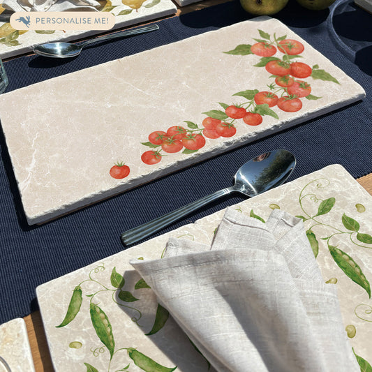 Marble Sharing platter with The Humble Hares Watercolour designs. This design shows a watercolour Tomatoes on a vine. Perfect for the vegetable Garden Lover 