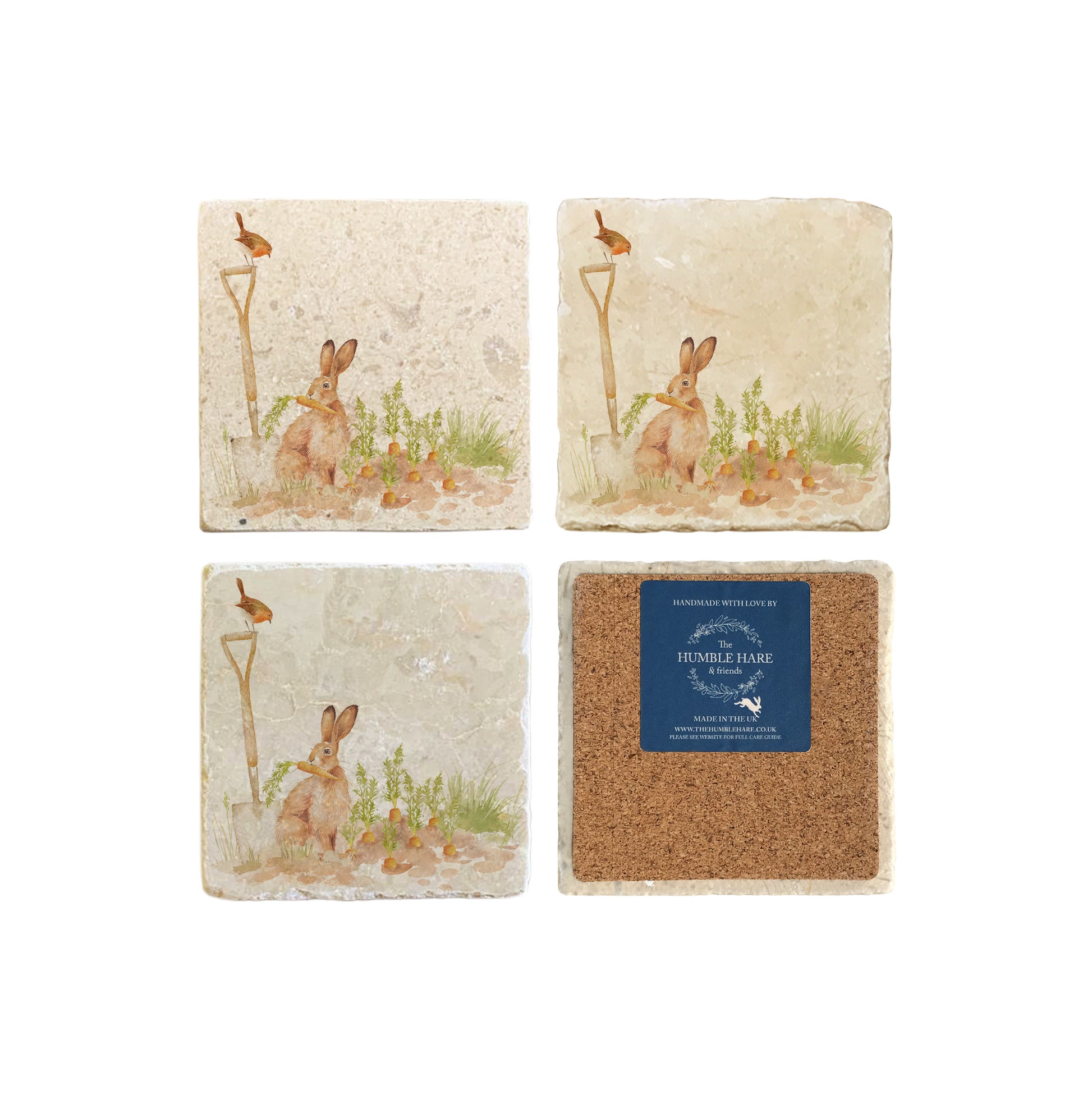 A set of 4 handmade marble coasters, featuring a watercolour vegetable patch design. One coaster is flipped to show that the coasters are backed with cork.