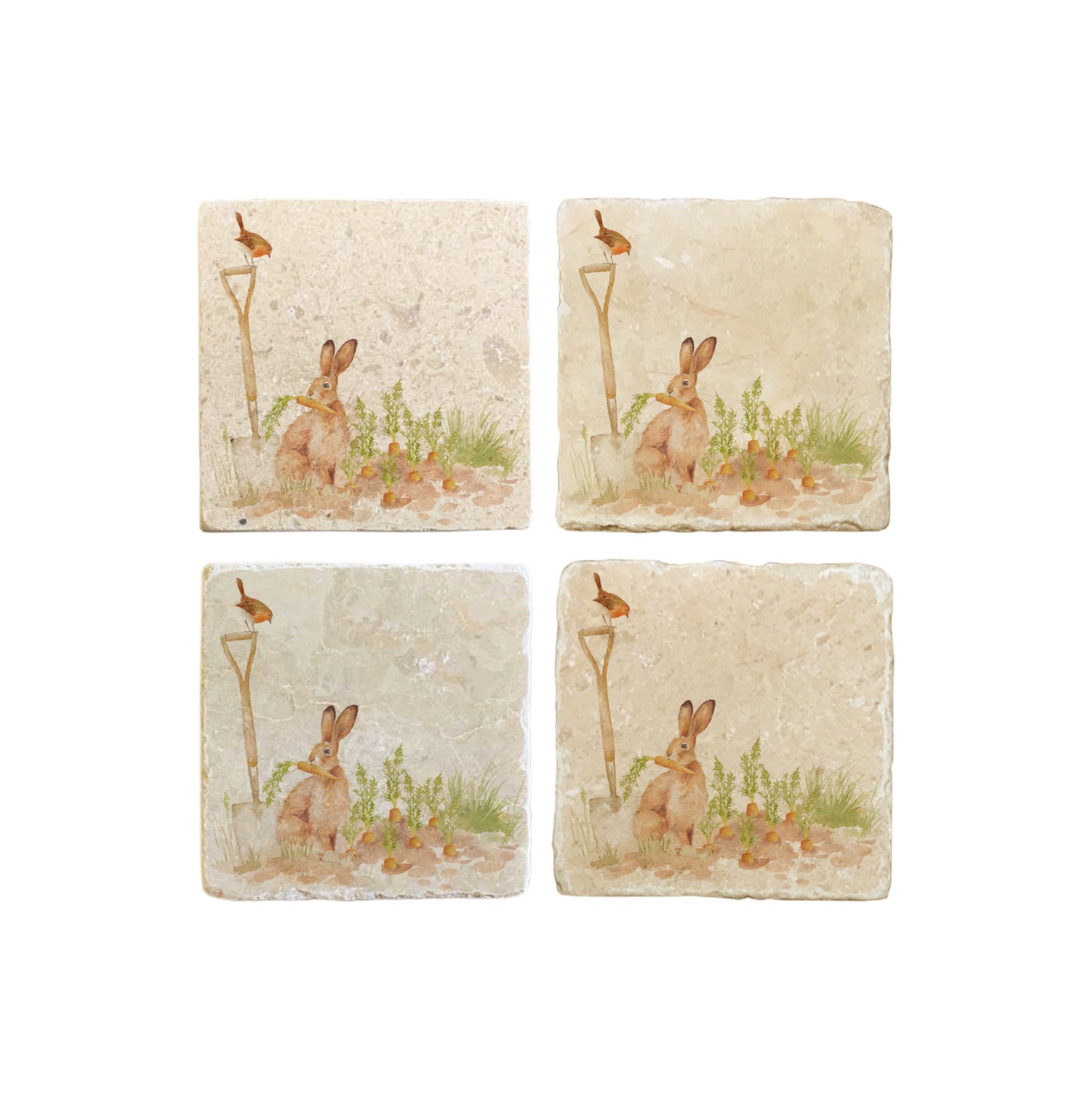 A set of 4 handmade cream marble coasters, featuring a watercolour vegetable patch design. The design shows a hare eating carrots and a robin sitting on a garden spade.