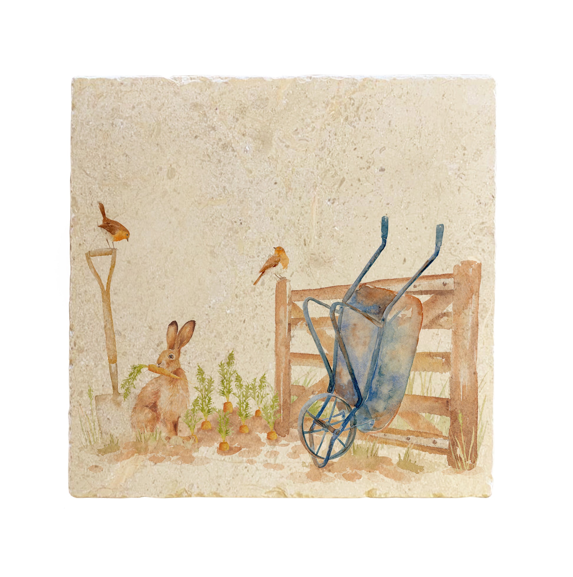 A large handmade marble platter, with a watercolour vegetable patch design featuring a hare eating carrots next to a blue wheelbarrow, and a robin sitting on a garden spade.