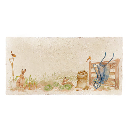 A 20x40cm marble splashback tile, featuring a watercolour vegetable patch design.