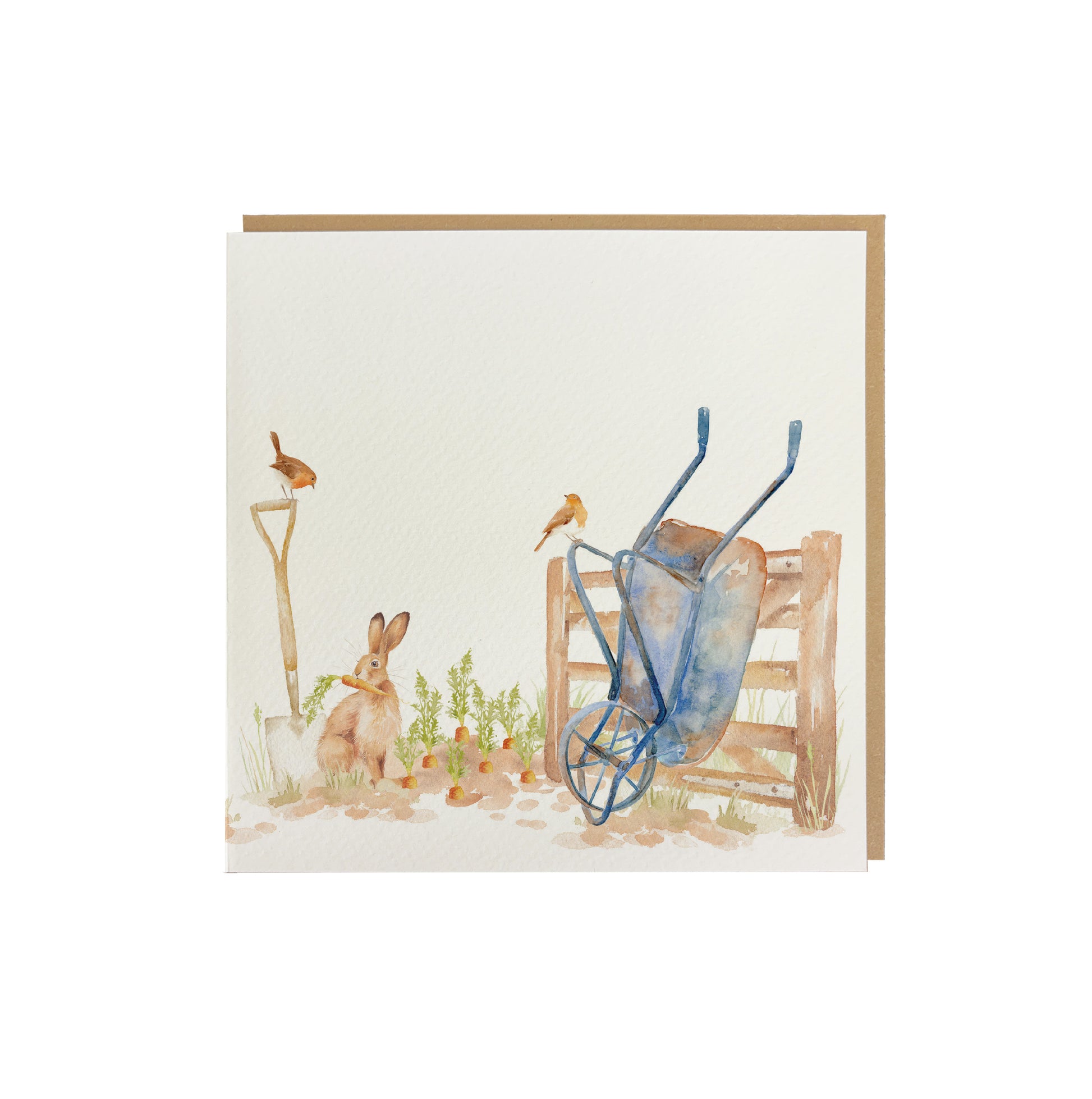 A greetings card featuring a vegetable patch with a hare eating carrots and robins keeping watch for the gardener in a watercolour style. The card has a recyclable brown kraft envelope behind it.