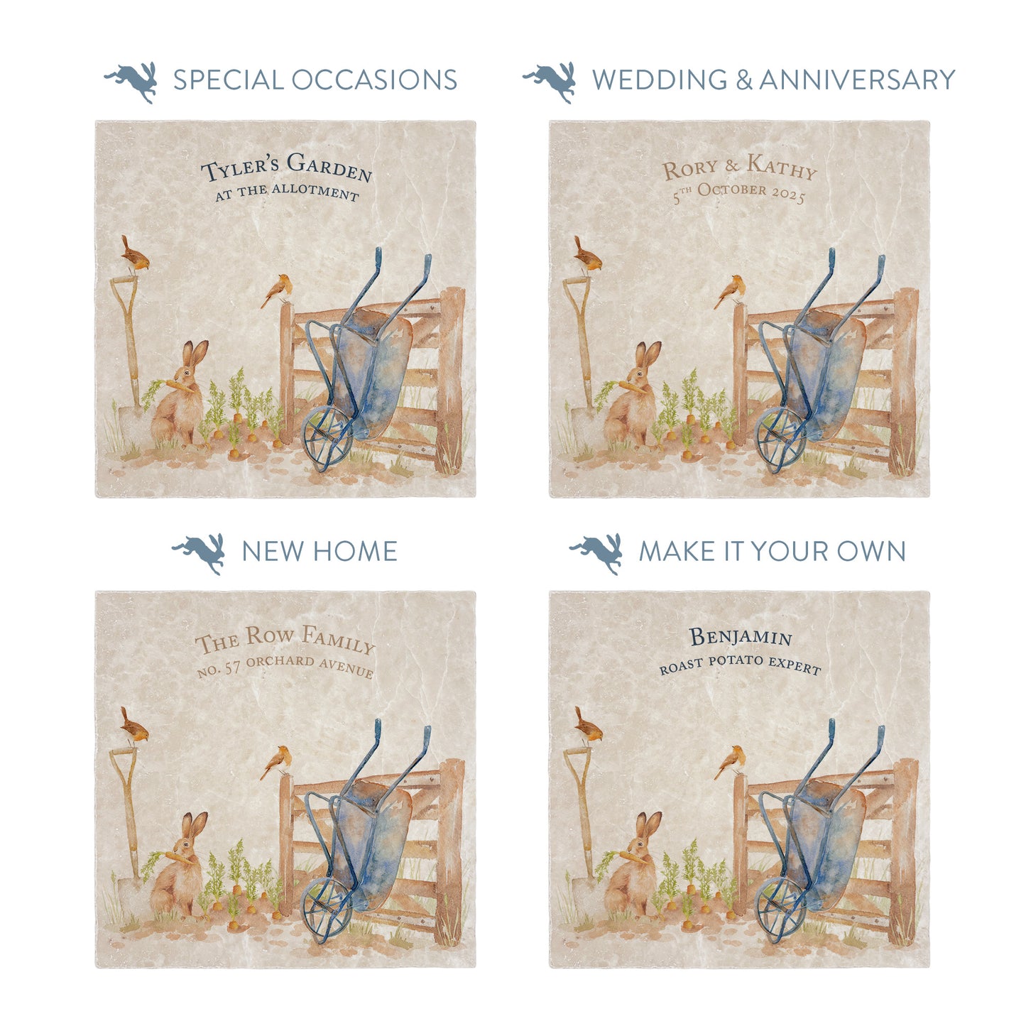 Collection of large marble platters showing the personalisation options available for all occasions including birthdays, weddings, anniversaries and new home gifts.