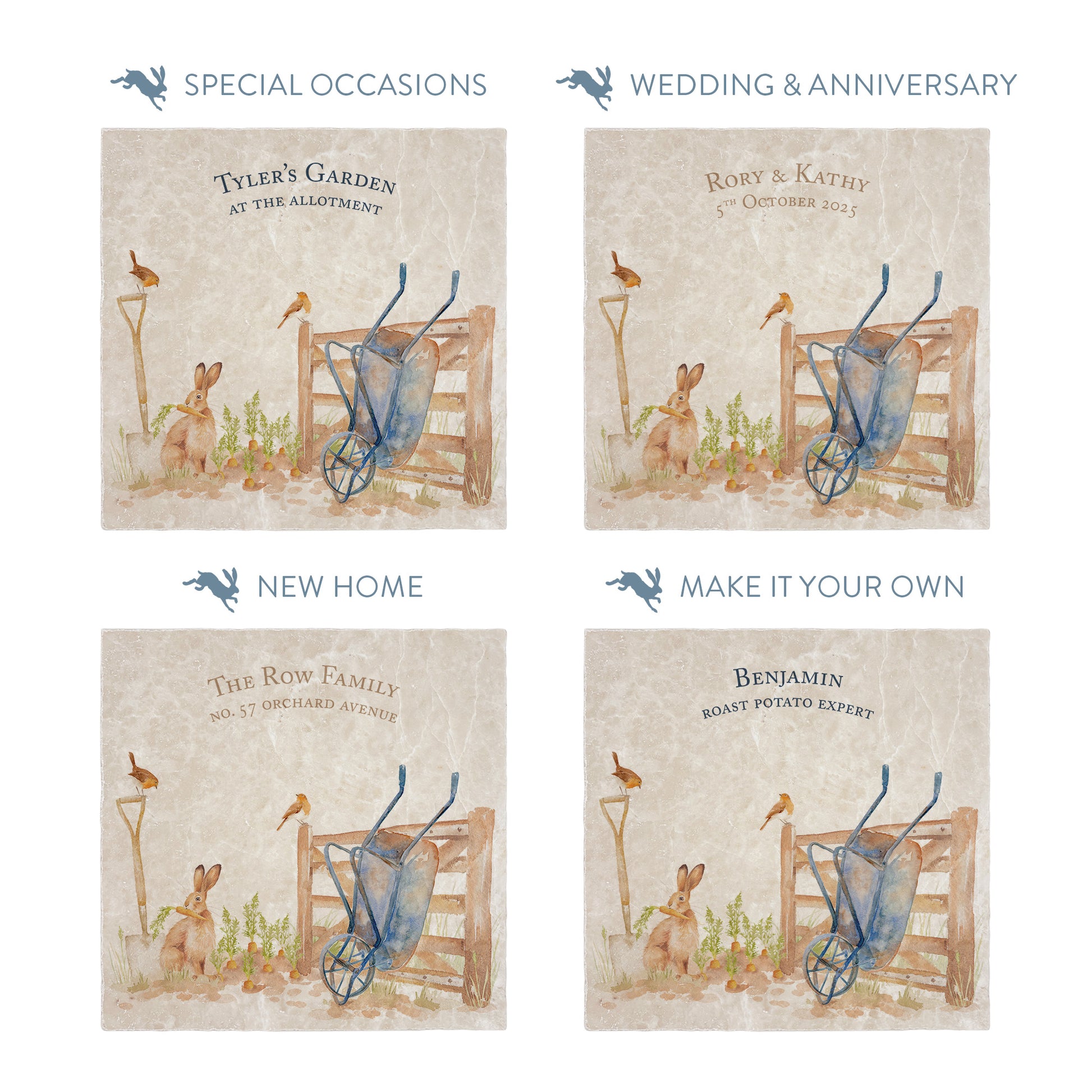 Collection of large marble platters showing the personalisation options available for all occasions including birthdays, weddings, anniversaries and new home gifts.