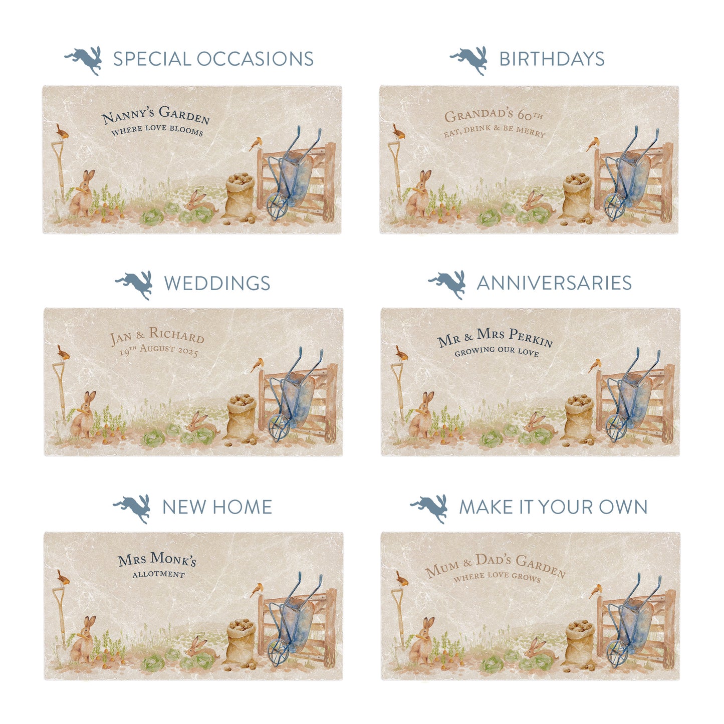 Collection of marble sharing platters showing the personalisation options available for all occasions including birthdays, weddings, anniversaries and new home gifts.