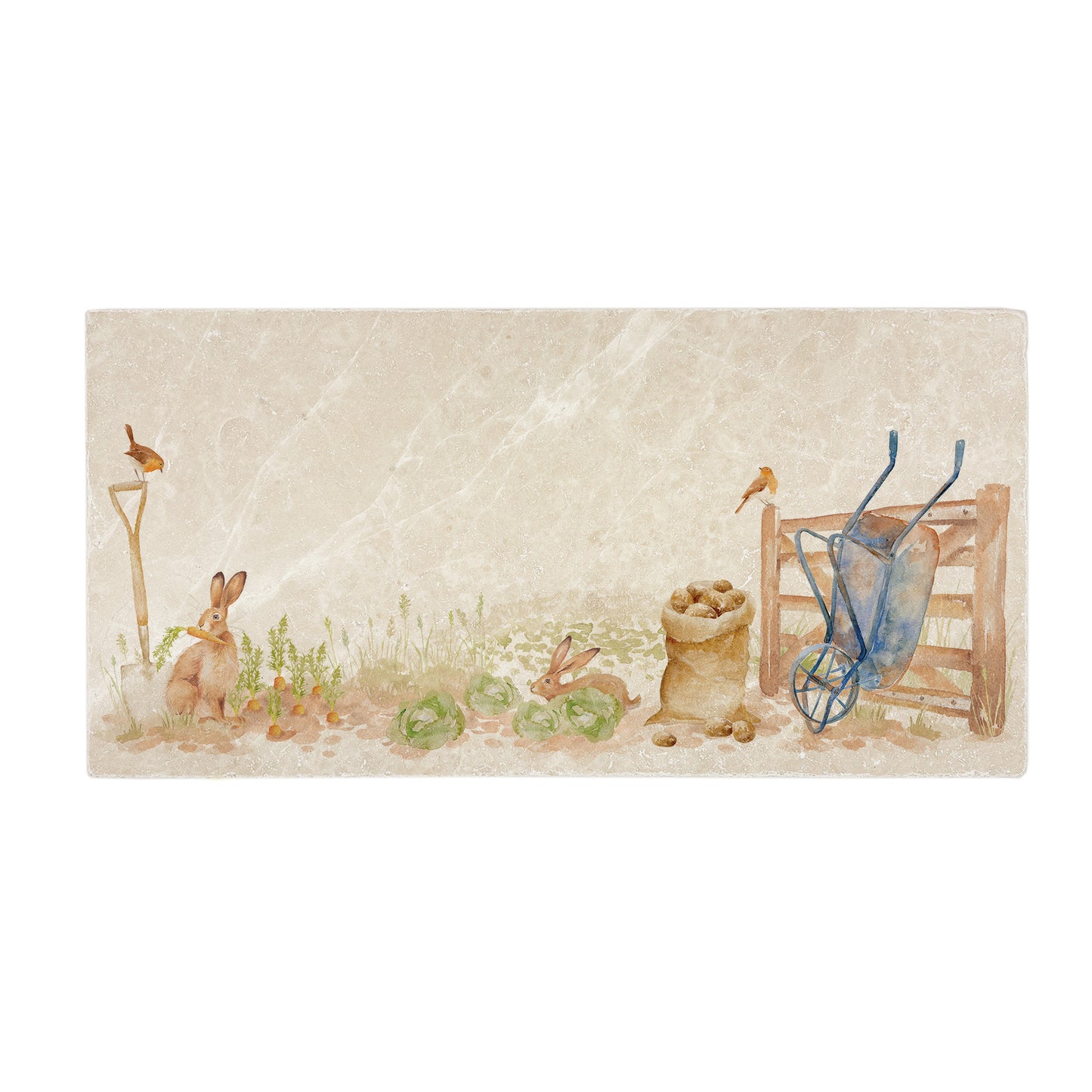 A 20x40cm marble splashback tile, featuring a watercolour vegetable patch design.