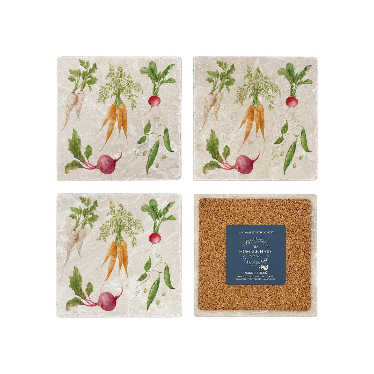 The Vegetable Garden coasters set of 4 featuring watercolour Carrots, Radish, Runner Beans, Beetroot and Parsnips 