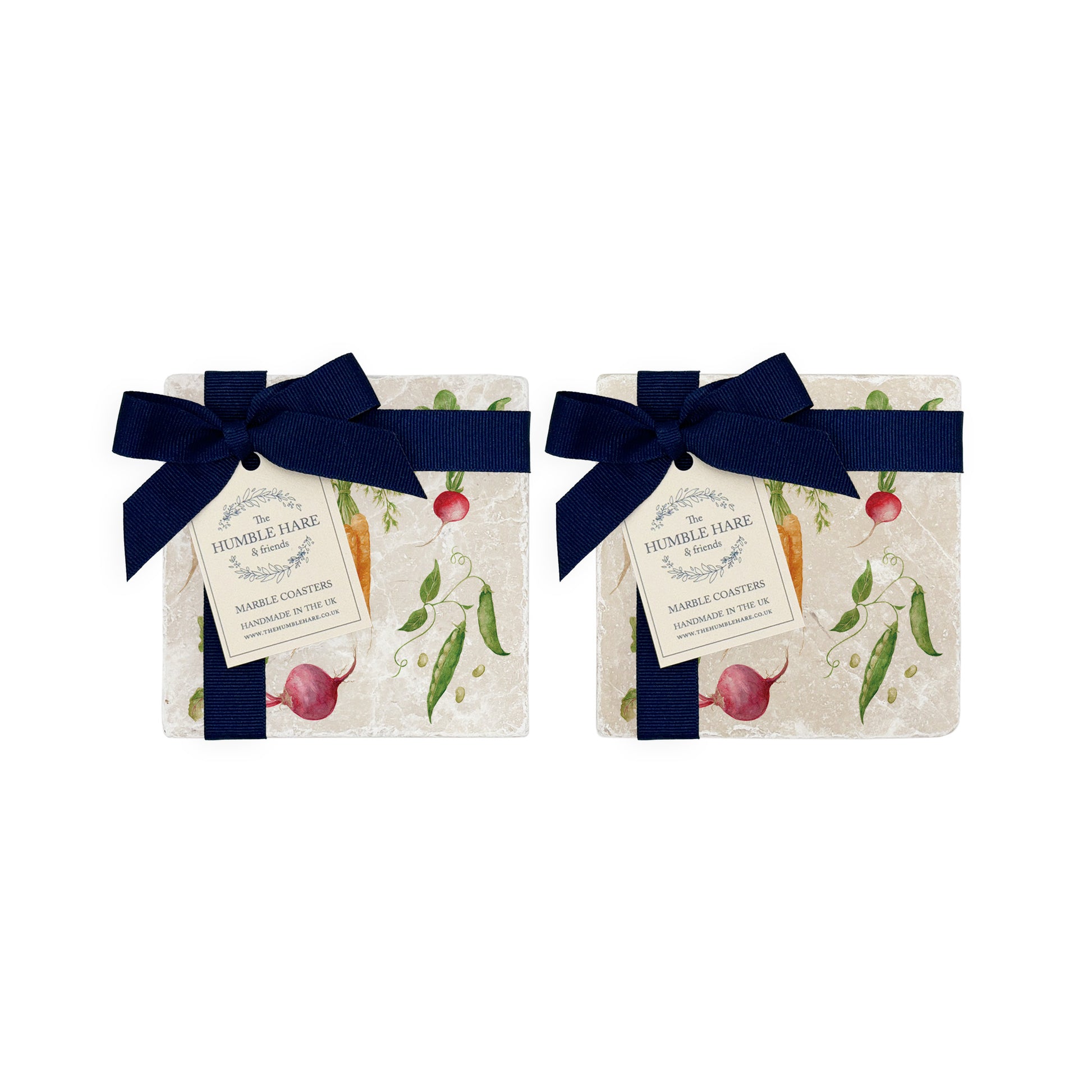 The Vegetable Garden coasters set of 4 featuring watercolour Carrots, Radish, Runner Beans, Beetroot and Parsnips 