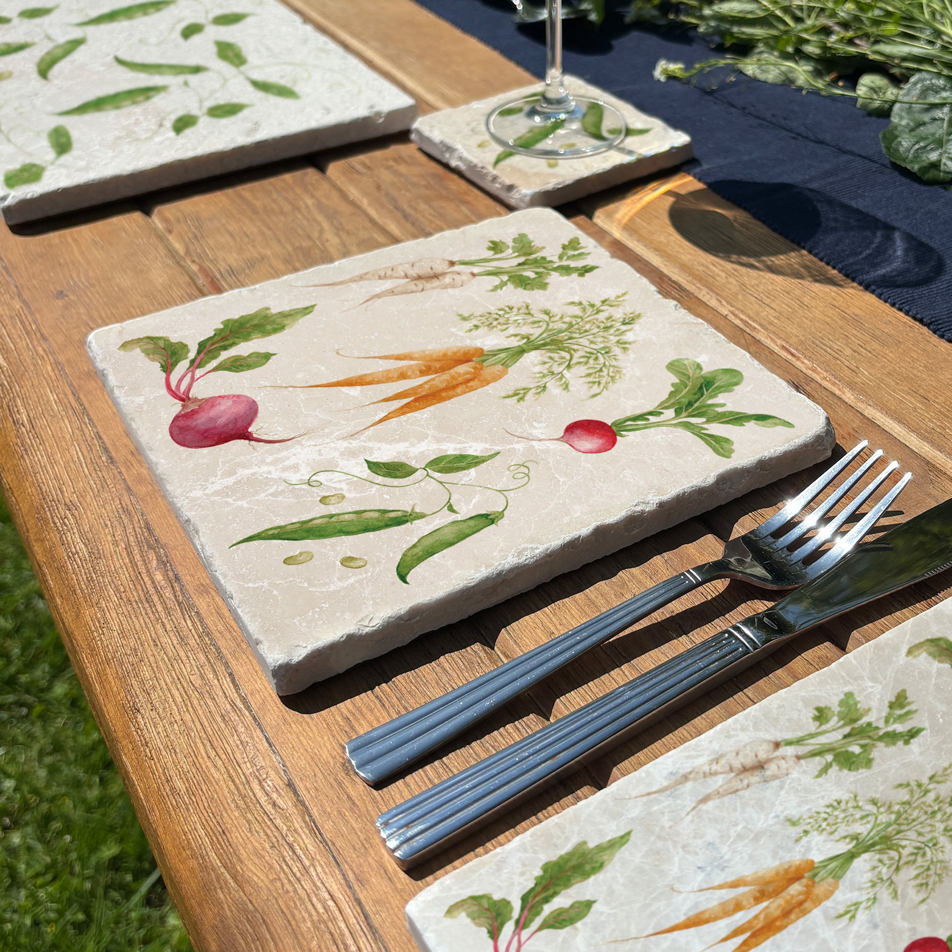 The Vegetable Garden Medium Platter featuring watercolour Carrots, Radish, Runner Beans, Beetroot and Parsnips 