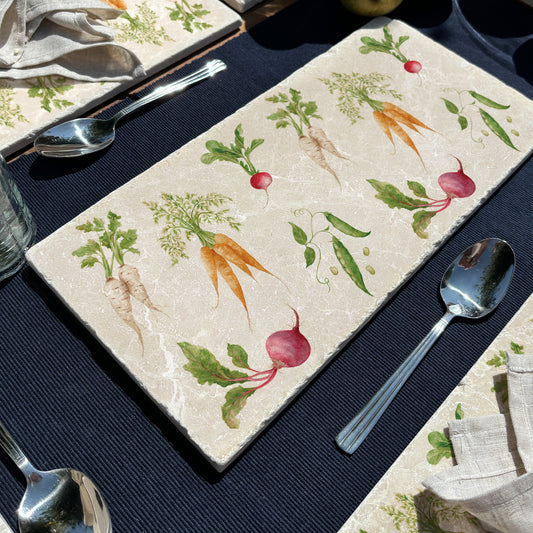 The Vegetable Garden Sharing Platter featuring watercolour Carrots, Radish, Runner Beans, Beetroot and Parsnips 