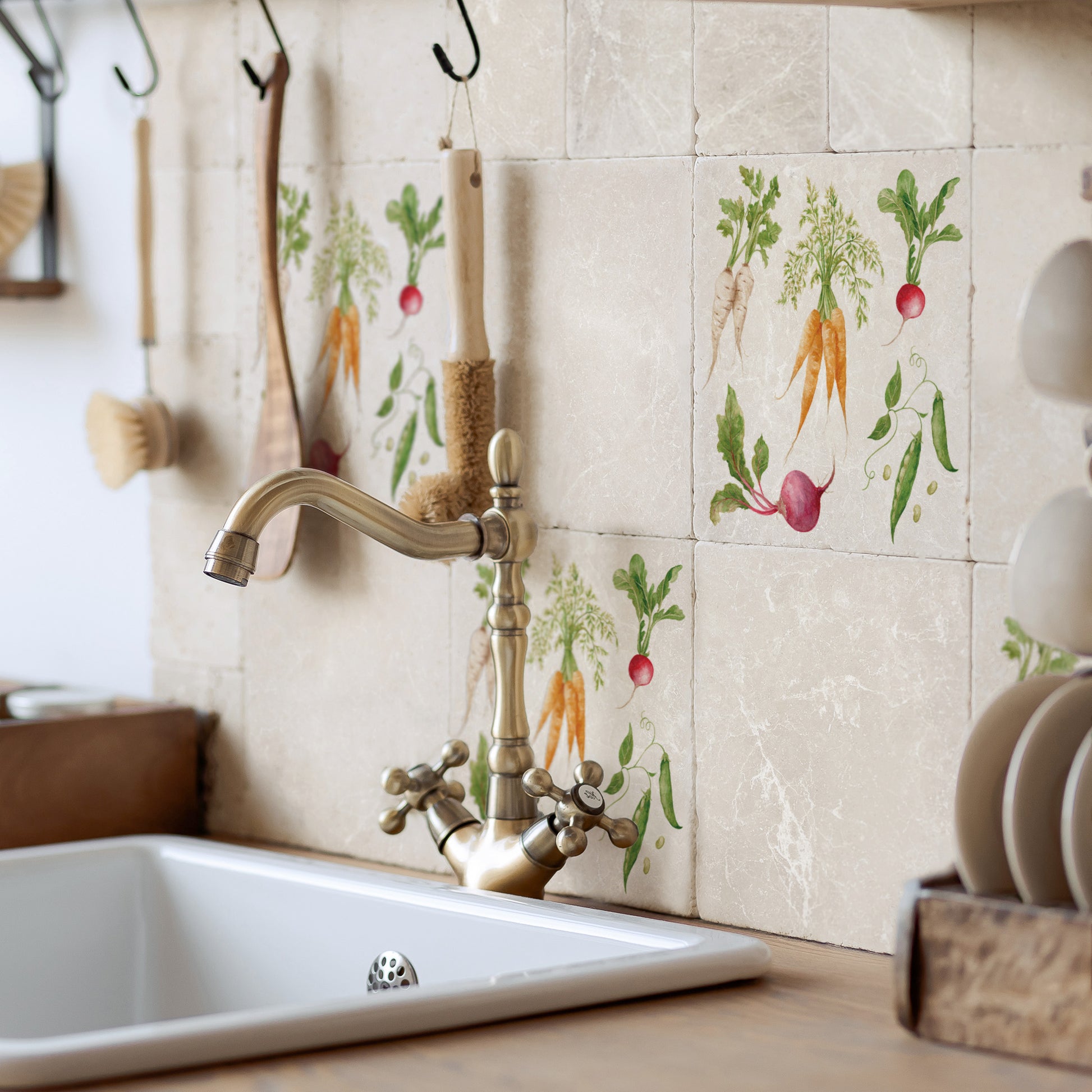 Watercolour Vegetables, Carrots, Beetroot, Runner Beans, Radish and Parsnip. The perfect way to add a splash of colour to the kitchen 