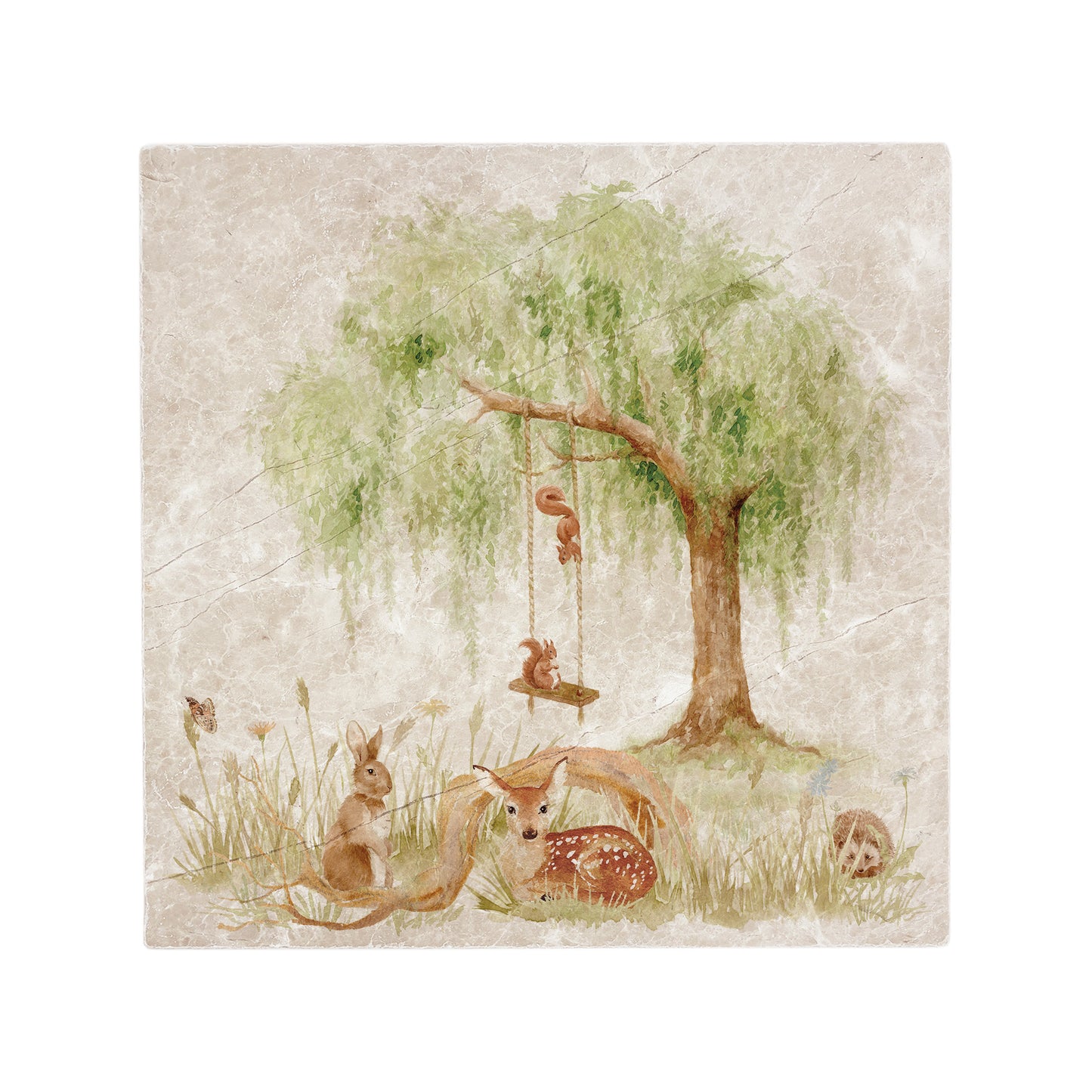 A handmade 30.5x30.5cm marble splashback tile featuring a watercolour countryside animal design of woodland animals under a willow tree.