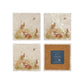A set of 4 handmade marble coasters, featuring a watercolour scene of rabbits and a fawn. One coaster is flipped to show that the coasters are backed with cork.