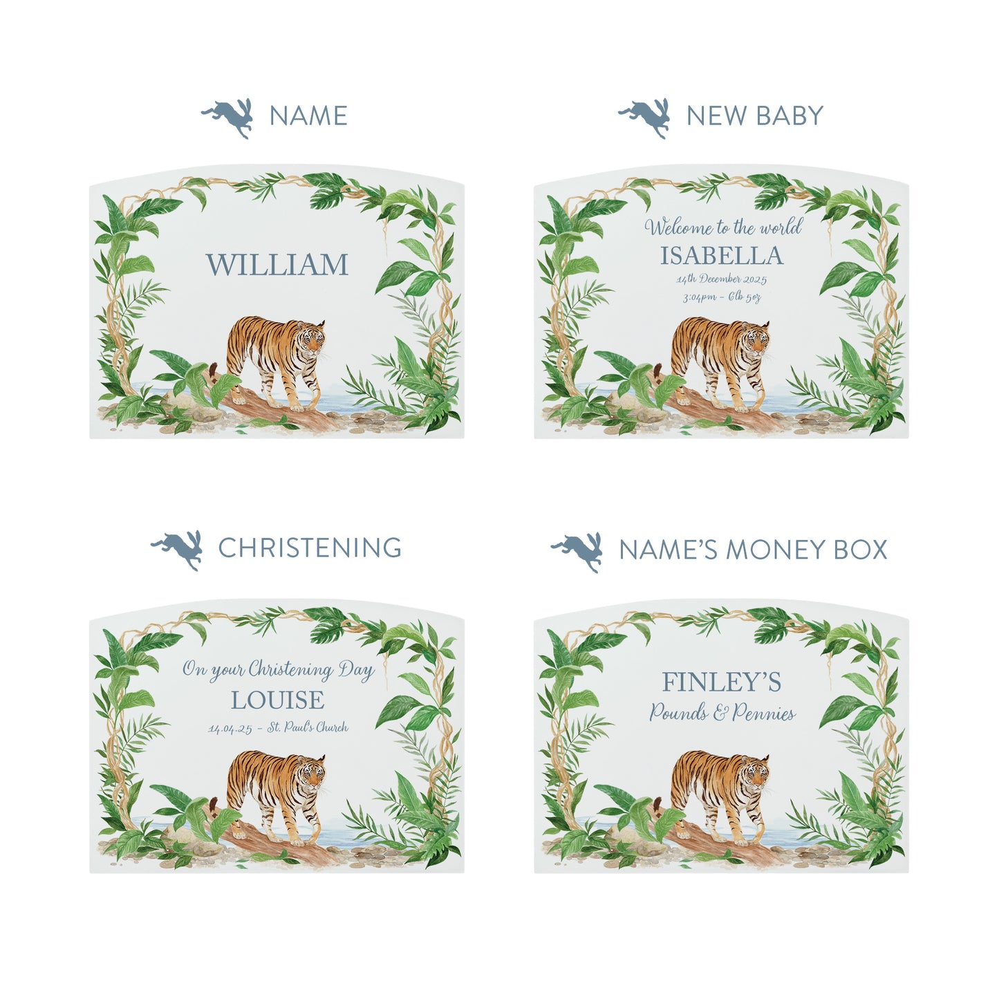 Tiger Prowling through the rainforest  in The Humble Hare classic water colour  style. start your childs saving routine with our unique money boxes. 