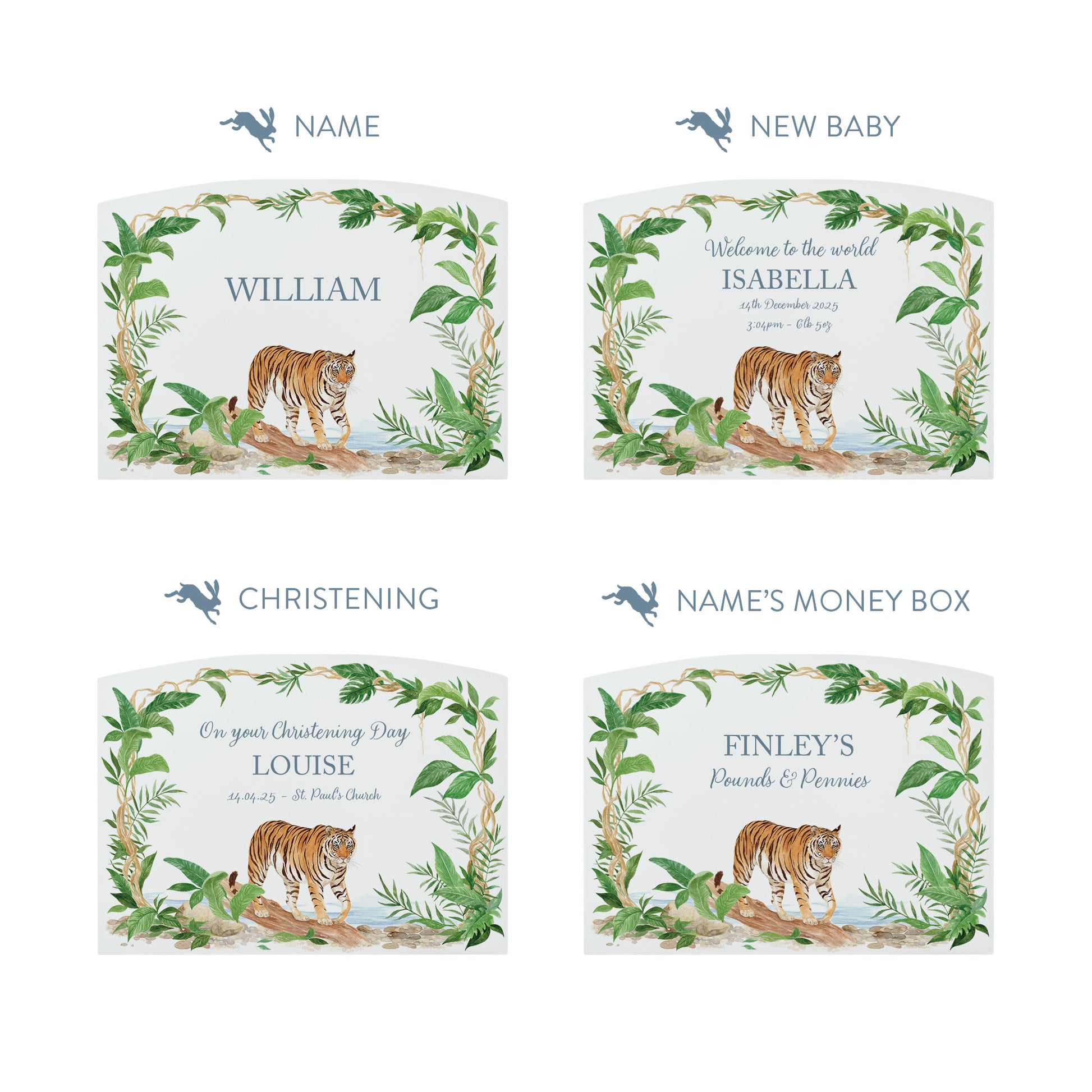 Tiger Prowling through the rainforest  in The Humble Hare classic water colour  style. start your childs saving routine with our unique money boxes. 