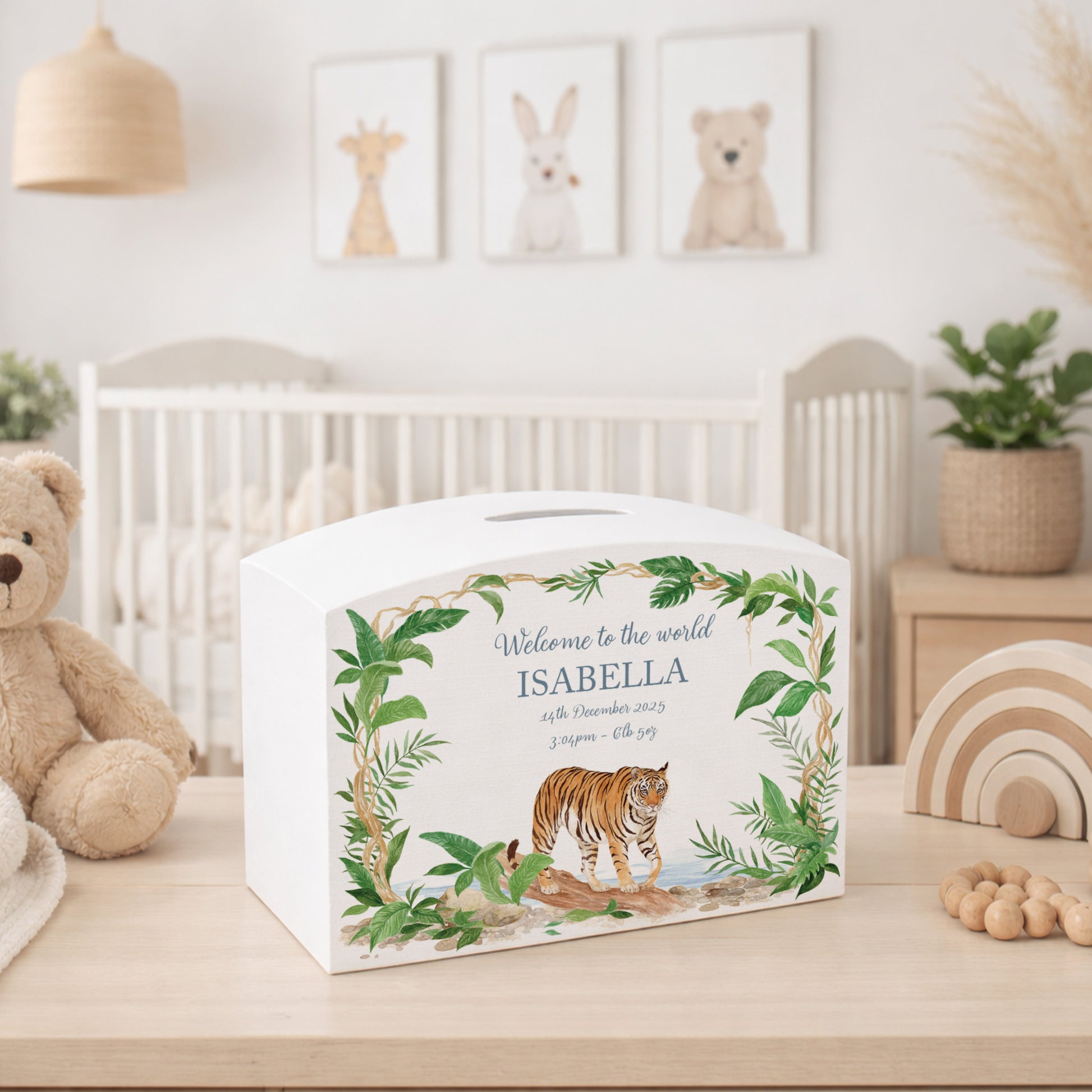 Tiger Prowling through the rainforest  in The Humble Hare classic water colour  style. start your childs saving routine with our unique money boxes. 