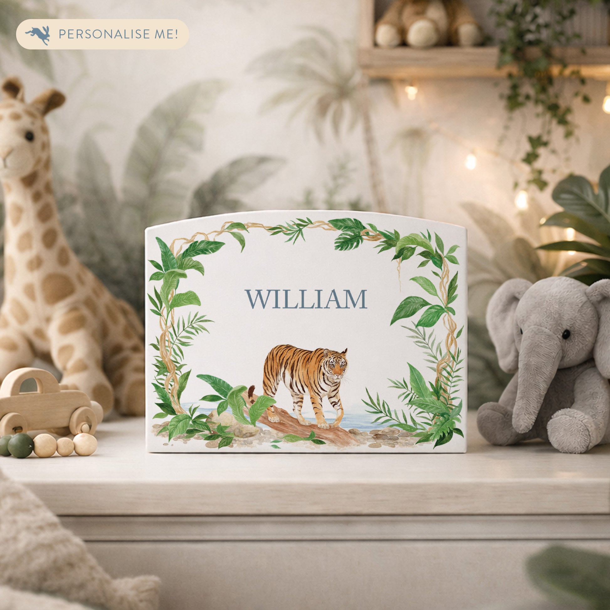 Tiger Prowling through the rainforest  in The Humble Hare classic water colour  style. start your childs saving routine with our unique money boxes. 
