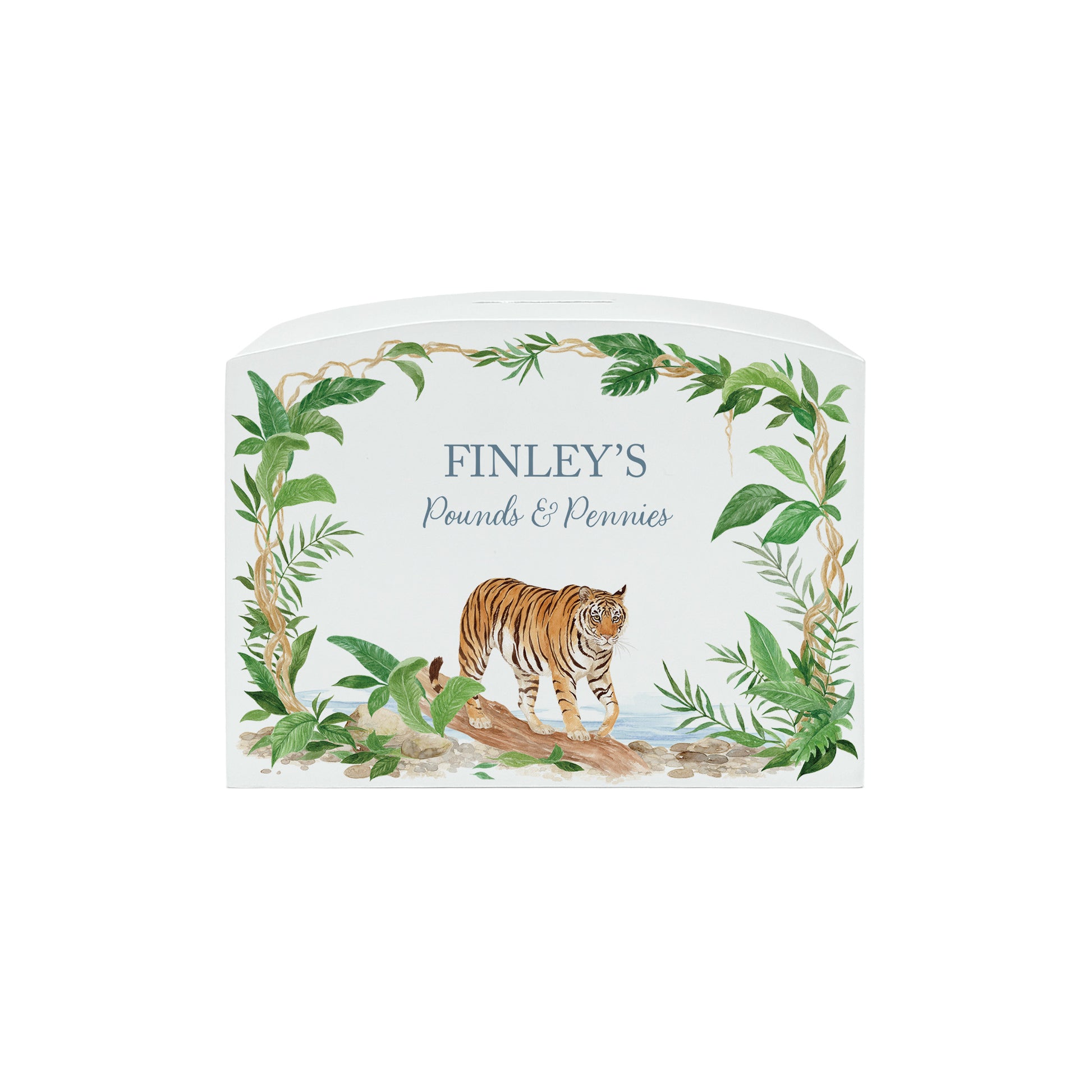 Tiger Prowling through the rainforest  in The Humble Hare classic water colour  style. start your childs saving routine with our unique money boxes. 
