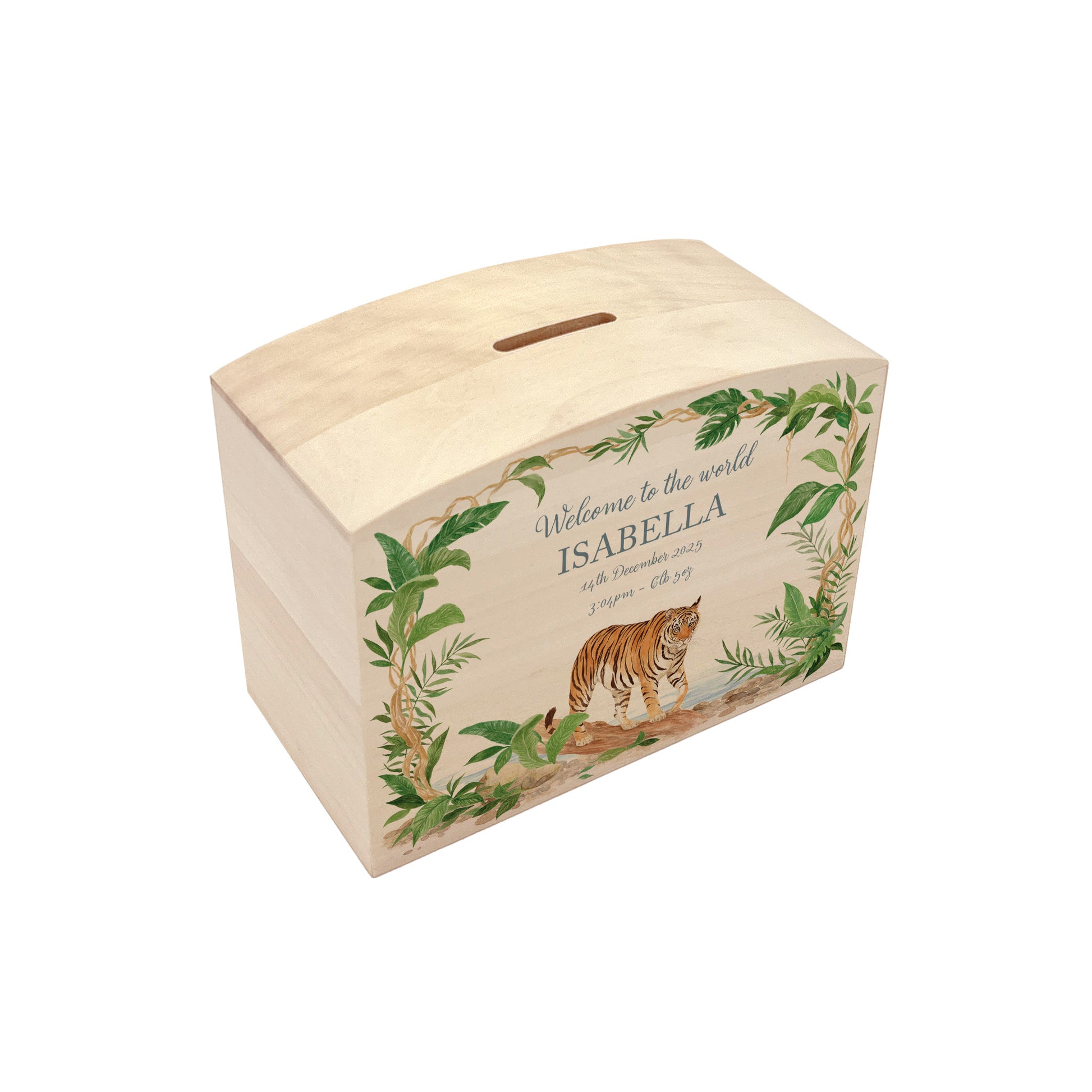 nursery styled handmade baby money box with soft watercolour illustration