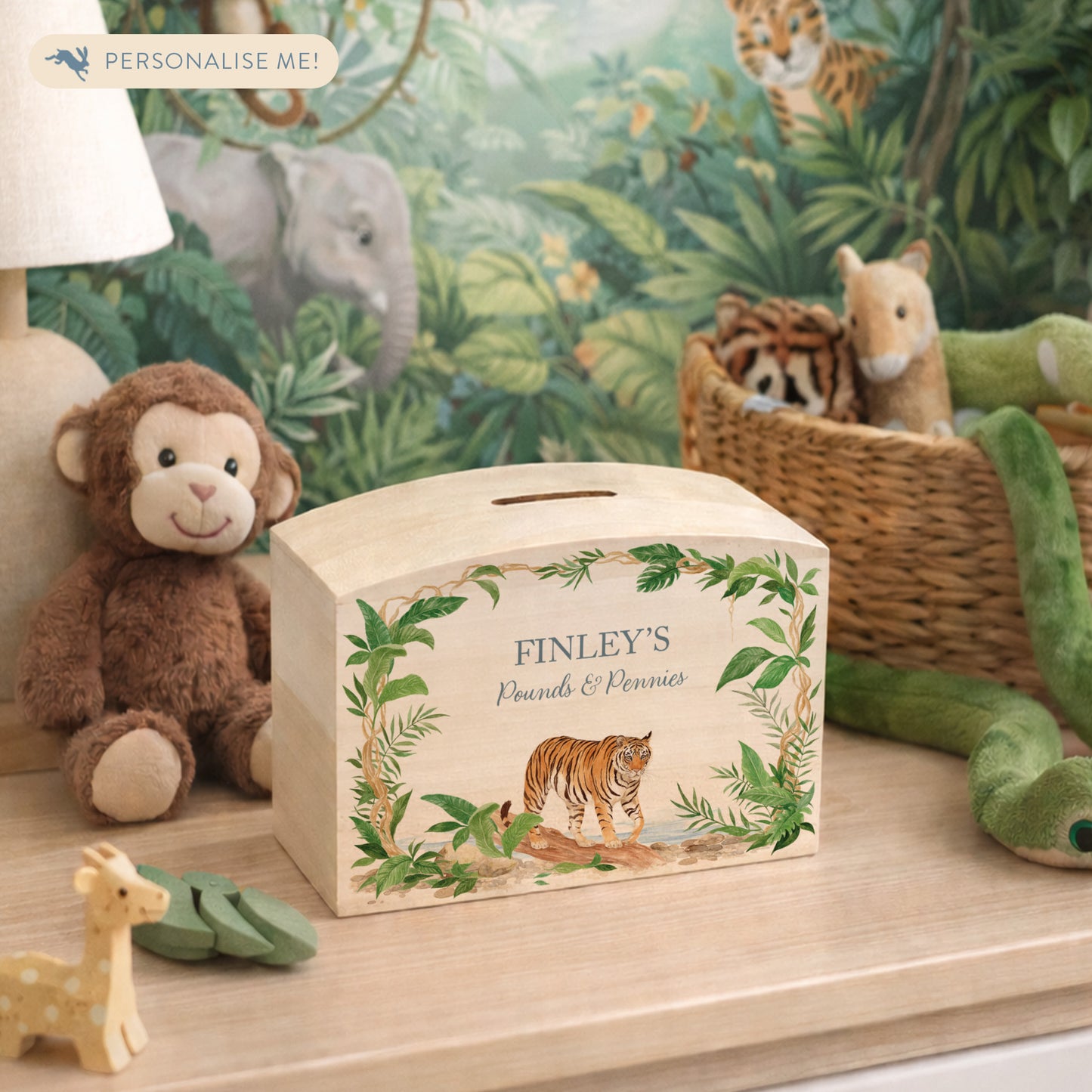 nursery styled handmade baby money box with soft watercolour illustration