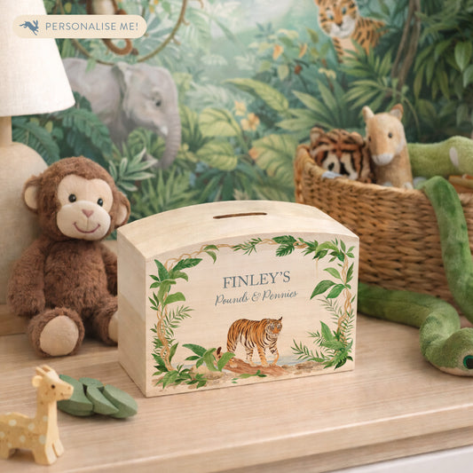 nursery styled handmade baby money box with soft watercolour illustration
