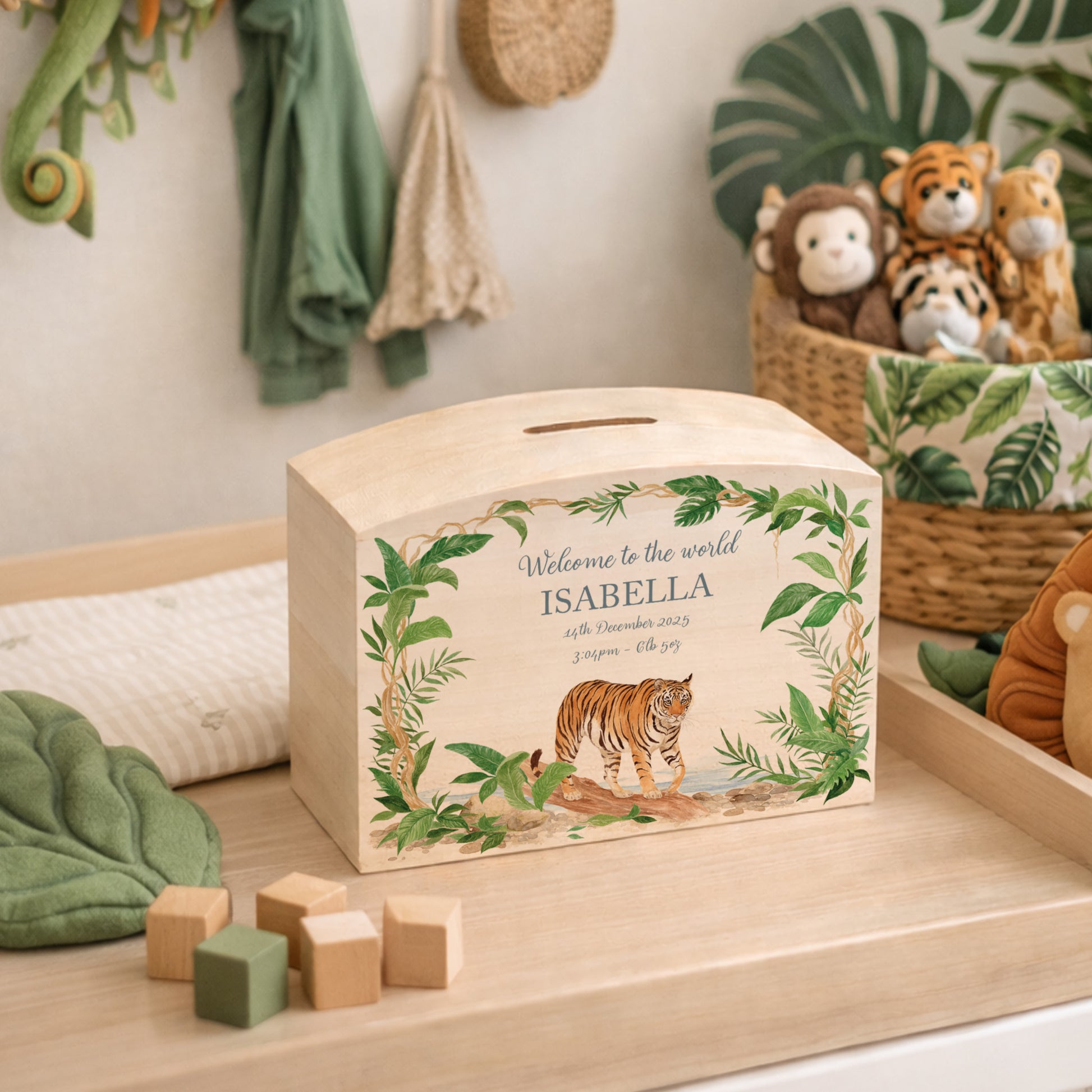 nursery styled handmade baby money box with soft watercolour illustration