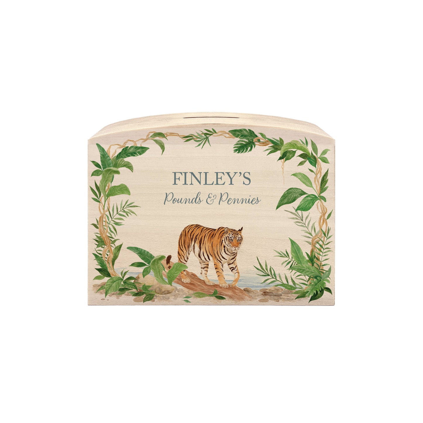 nursery styled handmade baby money box with soft watercolour illustration