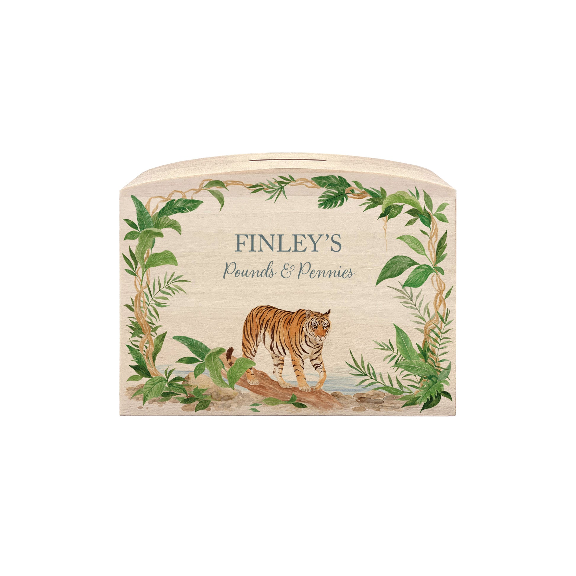 nursery styled handmade baby money box with soft watercolour illustration