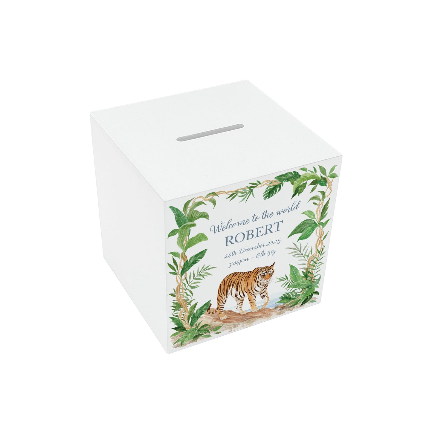 personalised handmade baby money box gift for birthday or christening, The tiger that came for tea