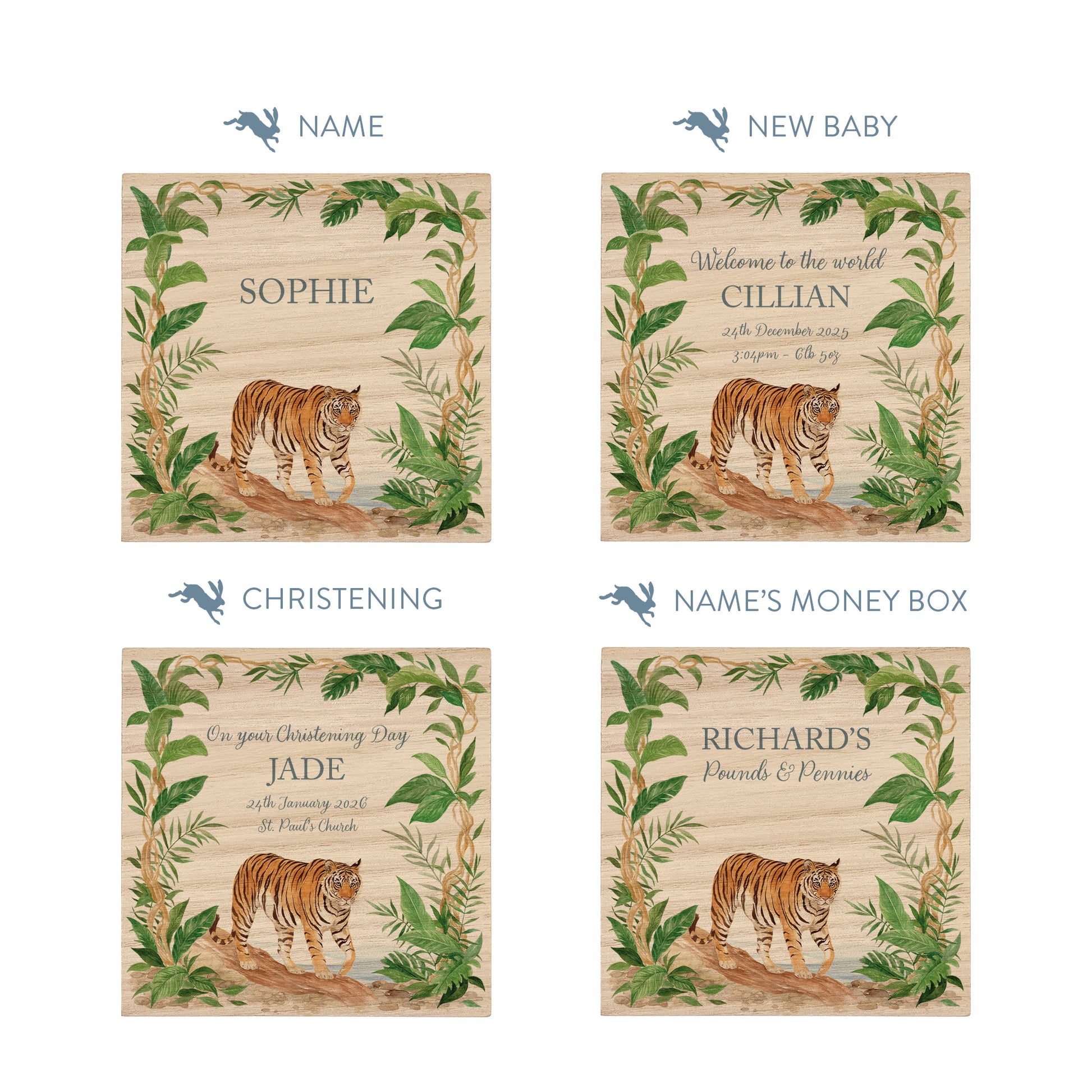 watercolour nursery themed handmade money box for new baby gift, tiger in the jungle. 
