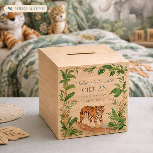watercolour nursery themed handmade money box for new baby gift, tiger in the jungle. 