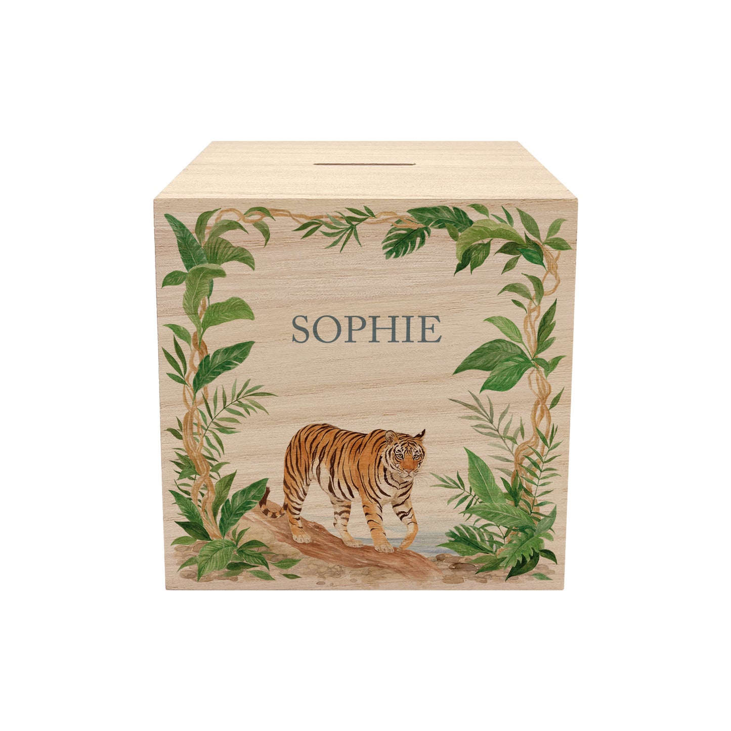 watercolour nursery themed handmade money box for new baby gift, tiger in the jungle. 