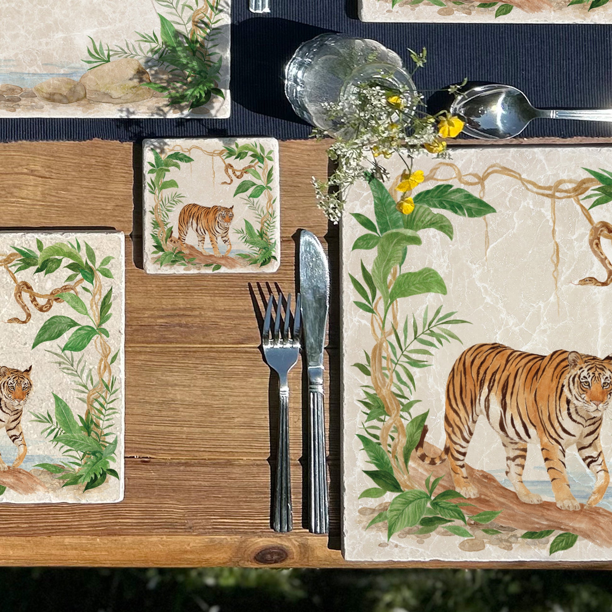 Welcoming our Rainforest Design, surrounded by the rainforest leaves and vines. Capture our Tiger and Python  quietly prowling through the Rainforest, Illustrated in our  original watercolour designs on our set of 4 coasters.